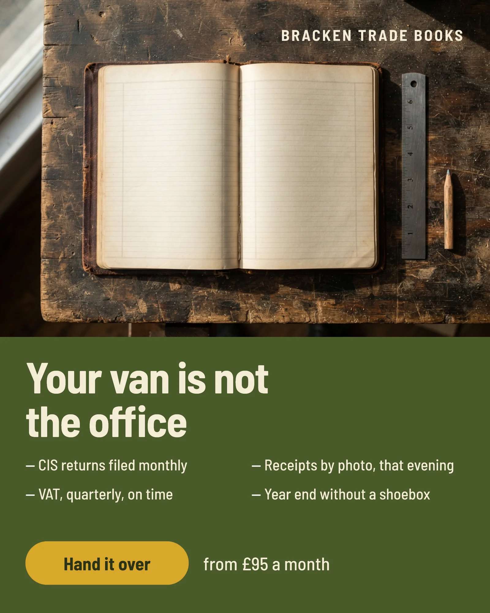 Olive Ledger Book Photo Trades Bookkeeping Facebook Ad — 4:5 Facebook ad template