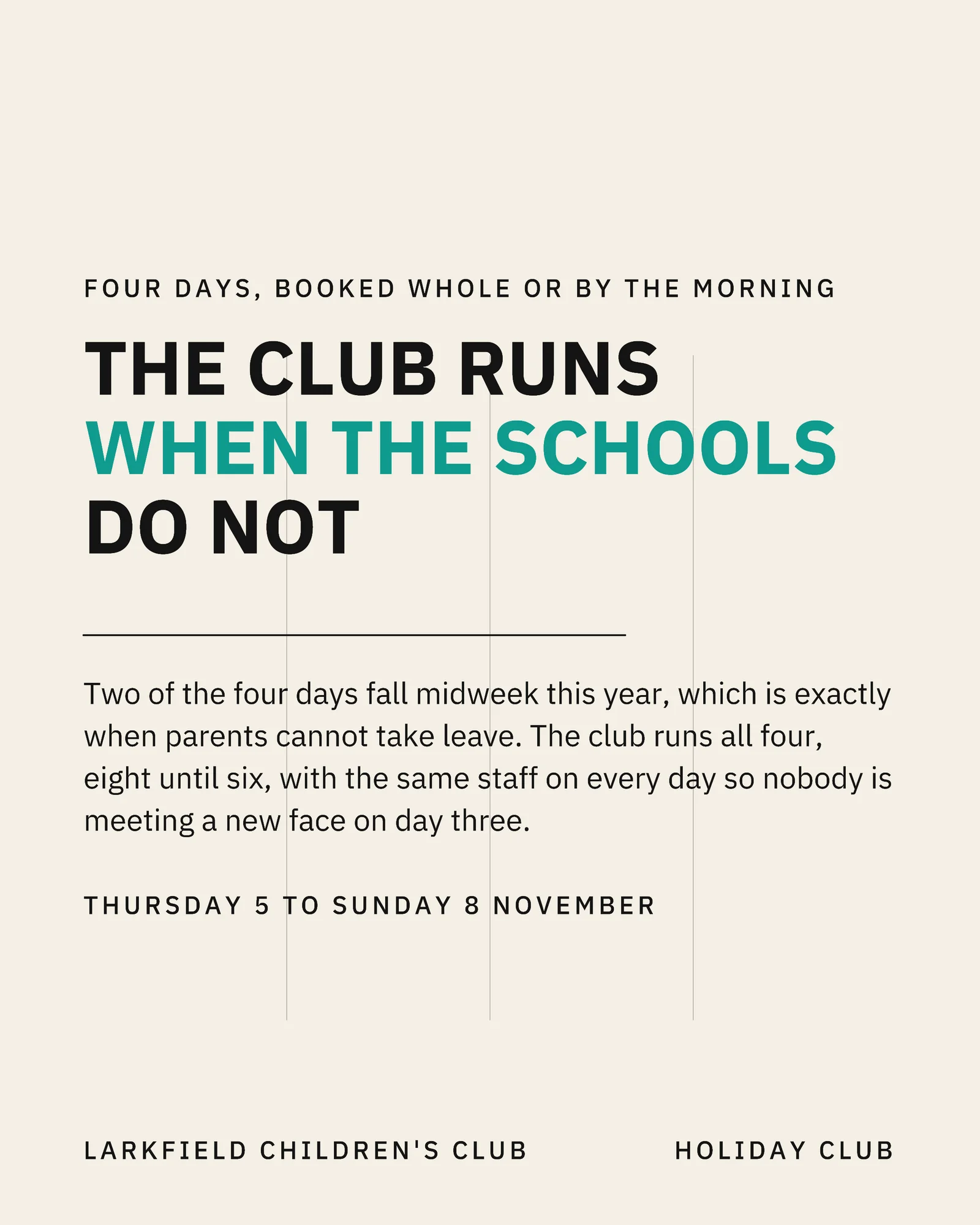 Cream Teal Weekday Column Grid Childcare Diwali Holiday Club Facebook Carousel — 4-panel Facebook carousel carousel template, page 1 of 4