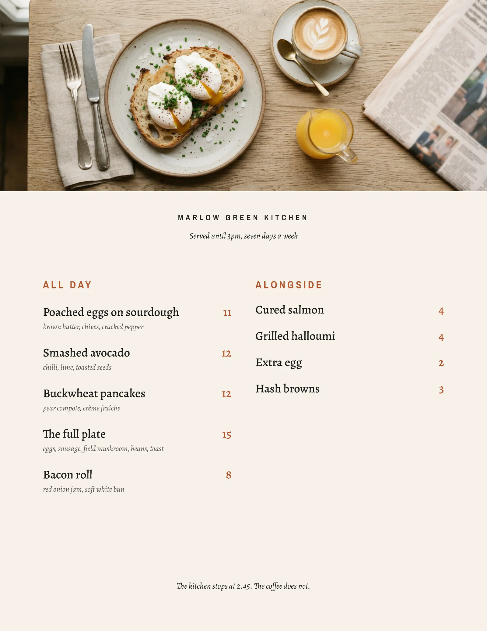 Clay Brunch Cafe Menu — Letter Menu template