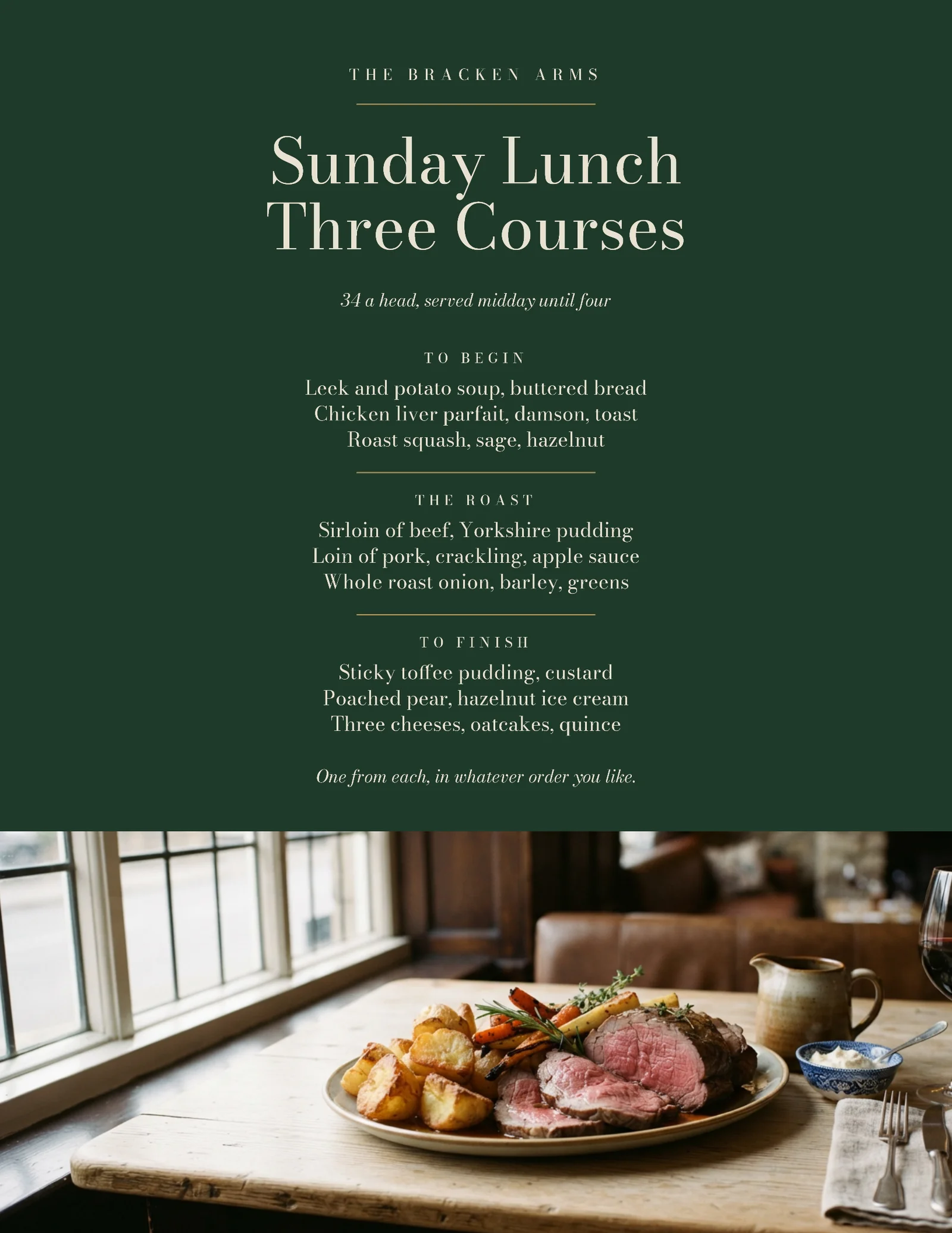 Forest Sunday Roast Set Menu — Letter Menu template