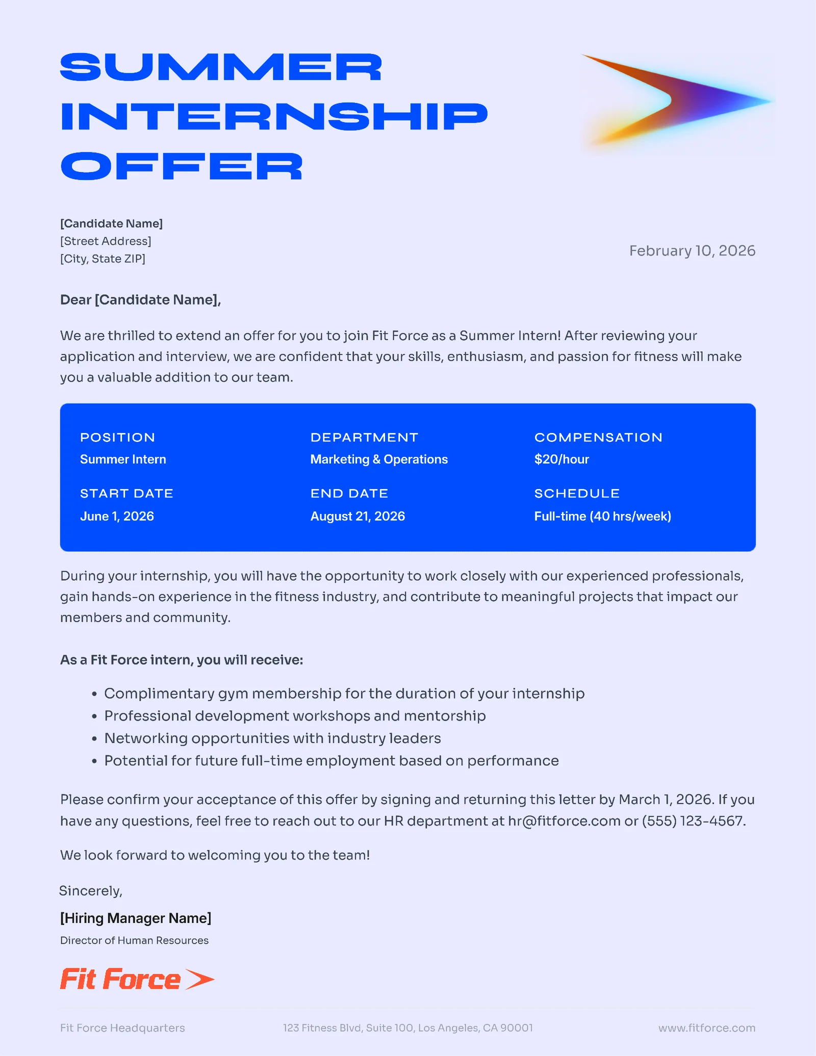 Hiring offer letter — 2-page Letter template, page 1 of 2