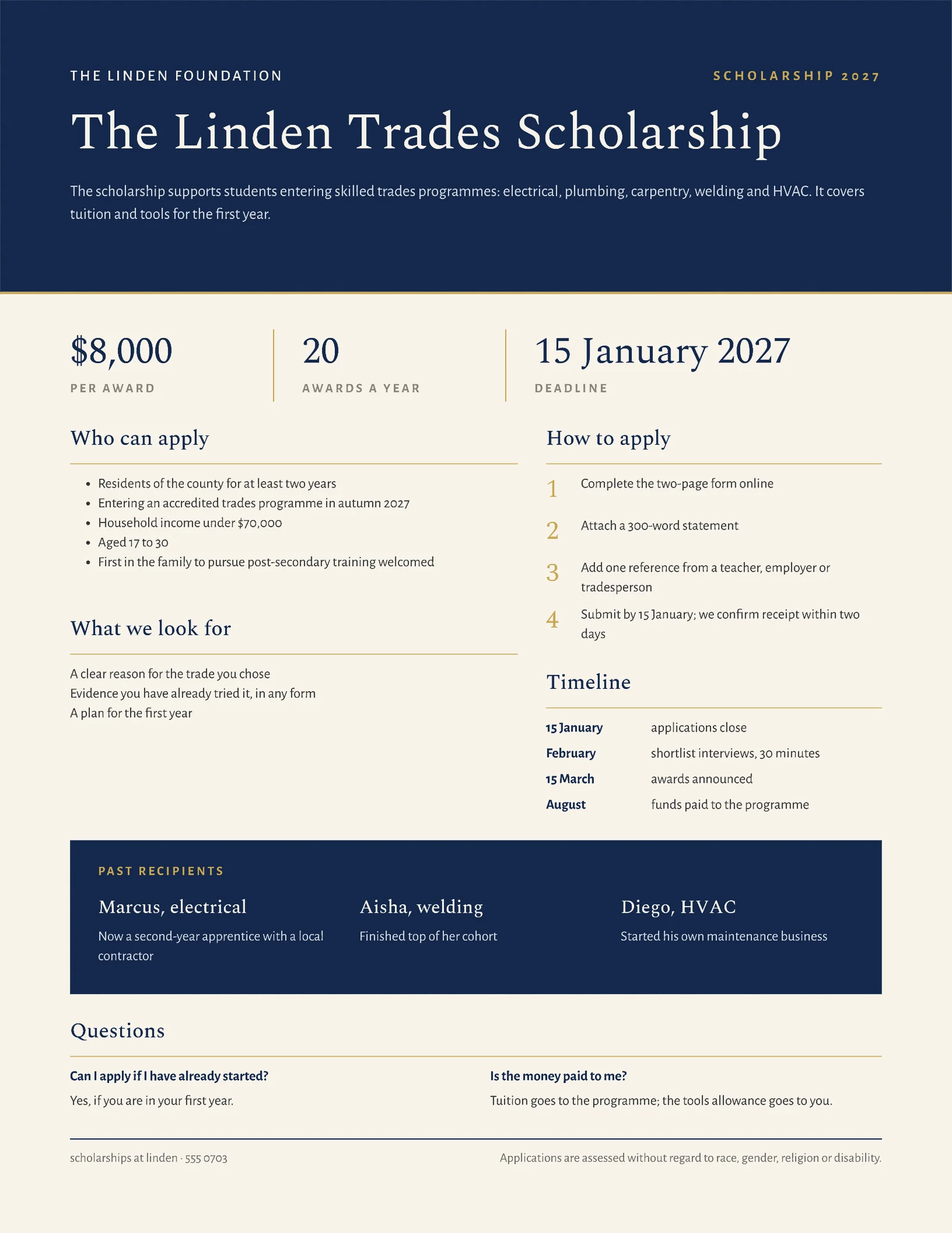 Foundation Formal Scholarship Summary — 2-page One pager template, page 2 of 2