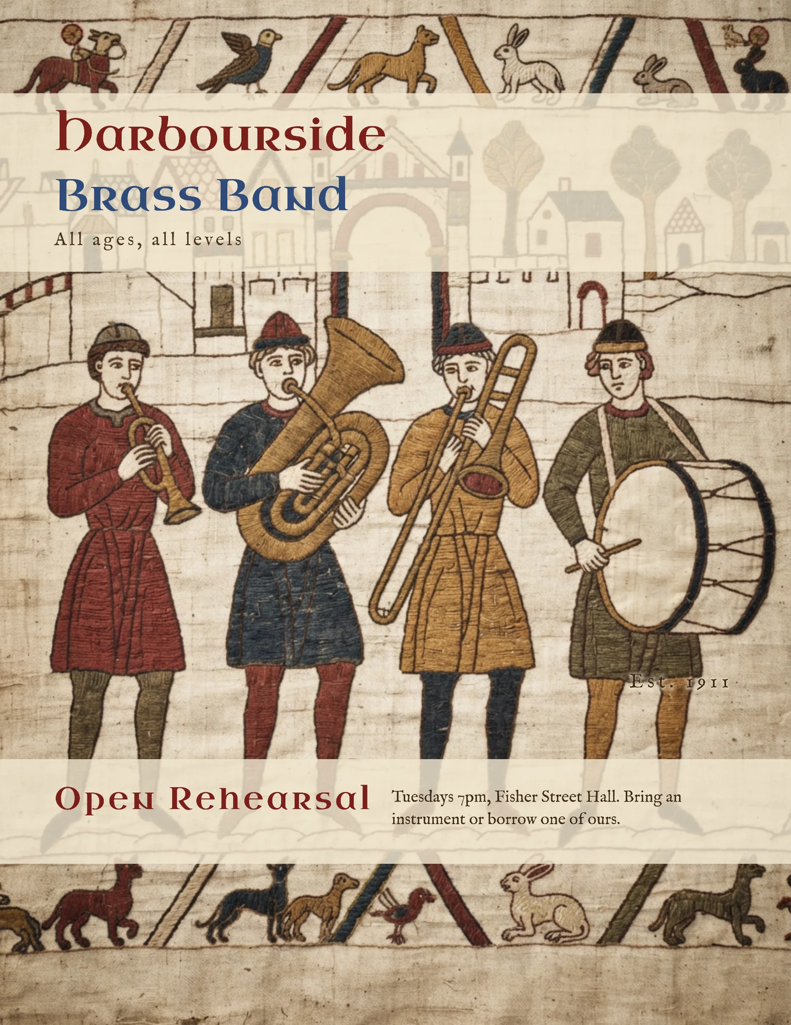 Bayeux Tapestry Brass Band Rehearsal Flyer — Letter Flyer template