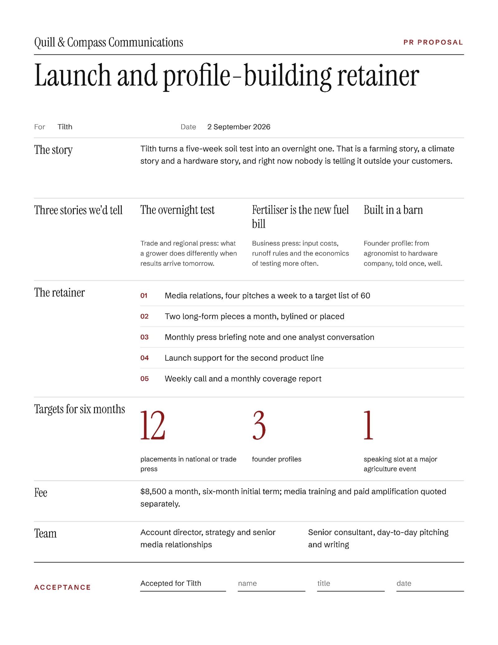 Editorial Public Relations Retainer Proposal — 2-page Proposal template, page 1 of 2