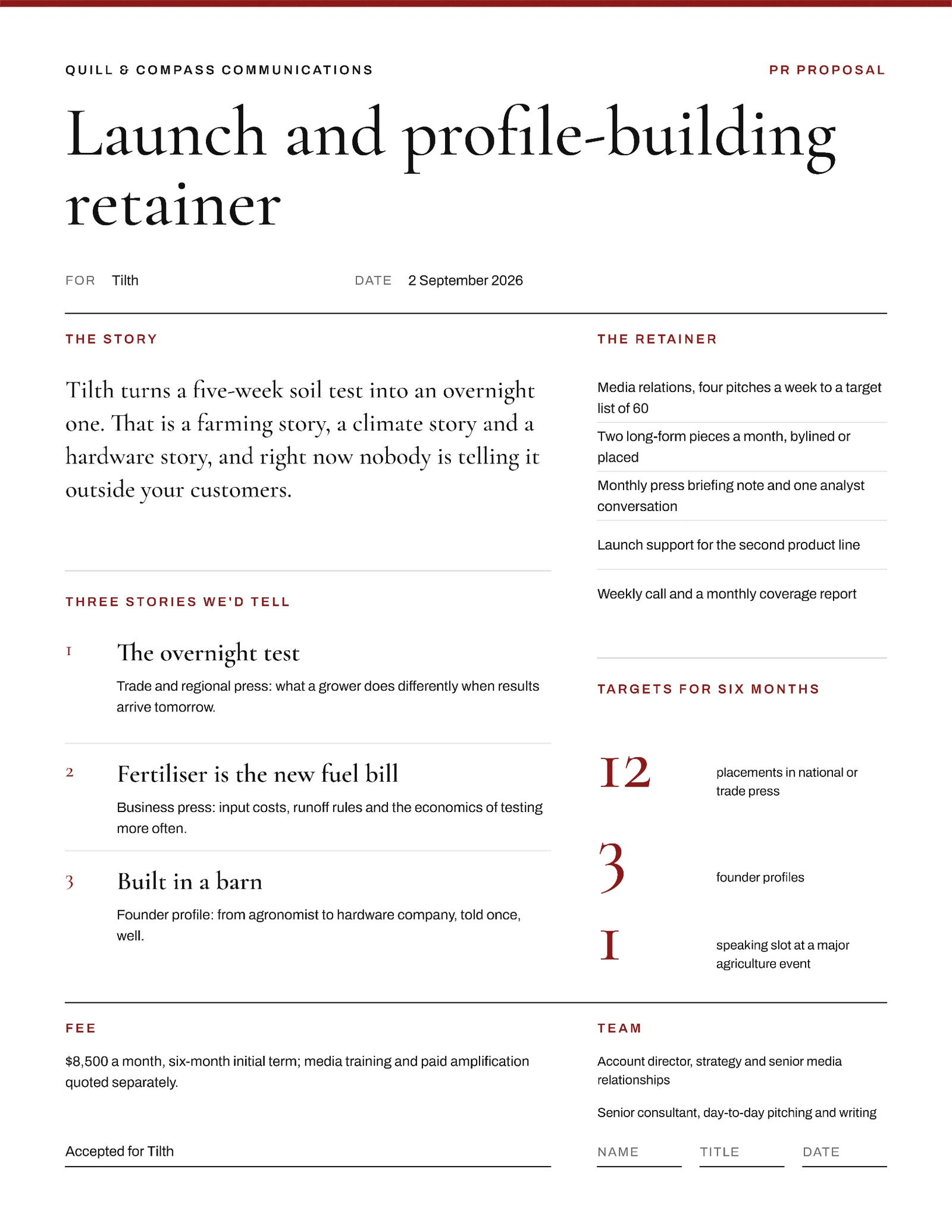 Editorial Public Relations Retainer Proposal — 2-page Proposal template, page 2 of 2