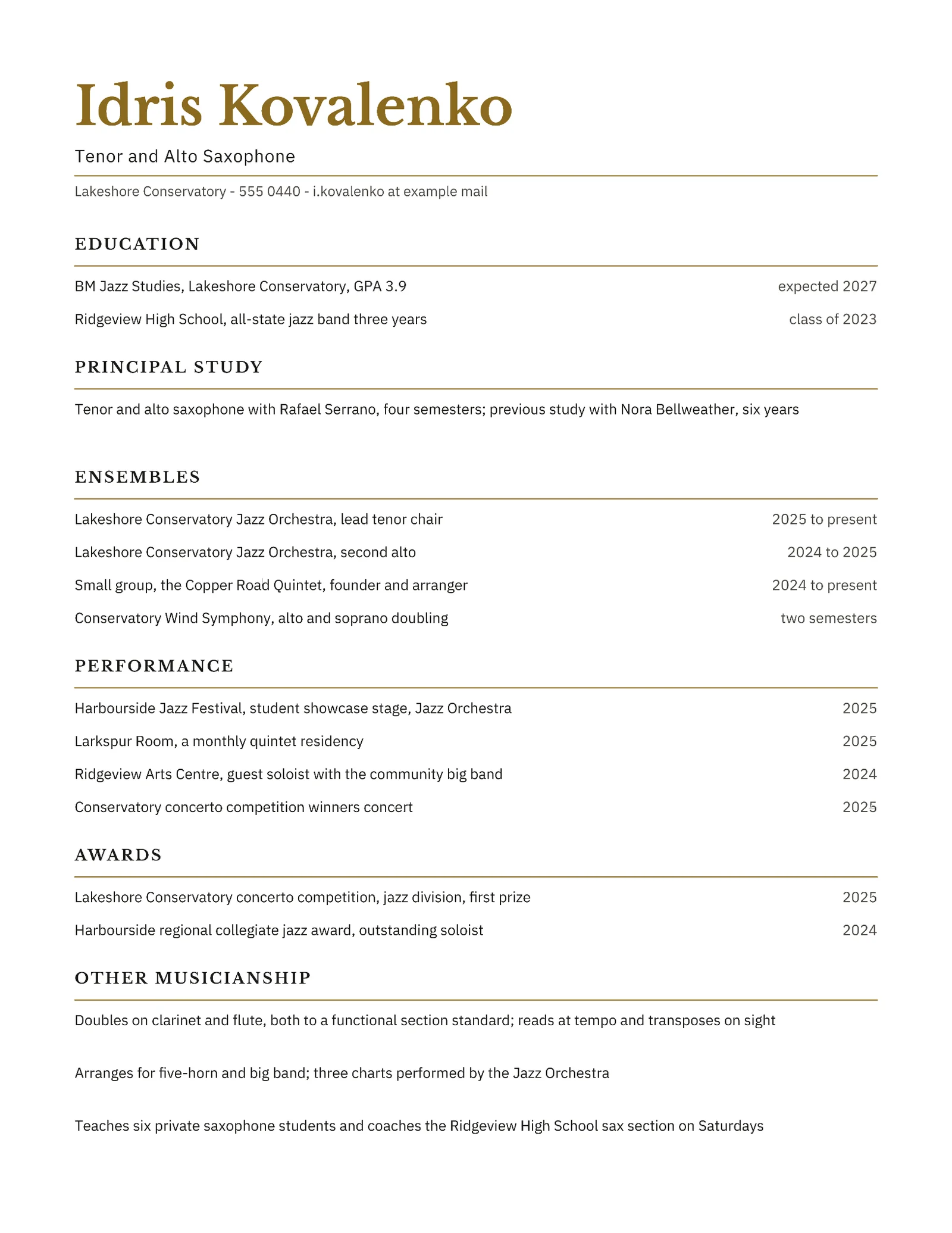 Music Student Resume — Letter Resume template