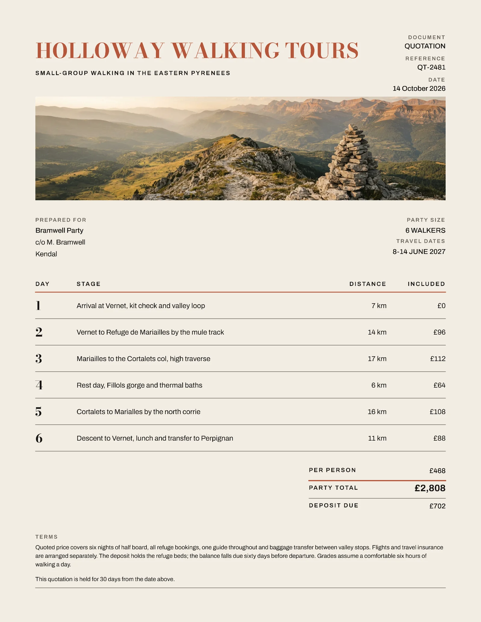 Walking Tour Itinerary Costing Quote — Letter Quote template