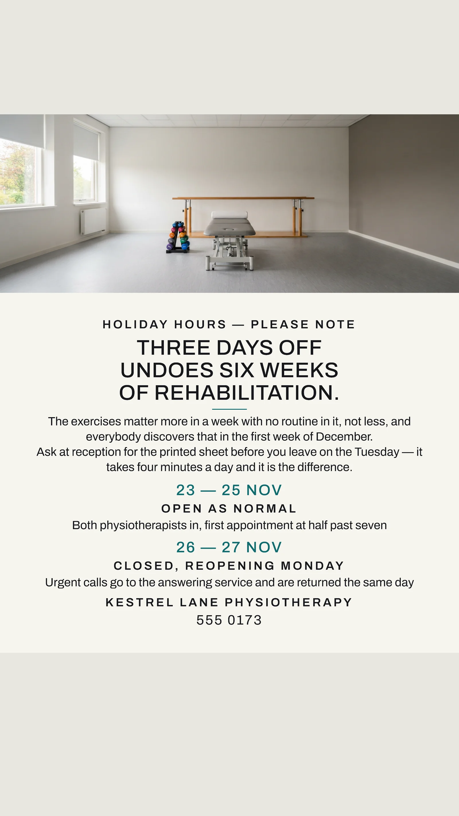 Chalk Centred Column Physiotherapy Thanksgiving Hours Facebook Story — 9:16 Facebook story template