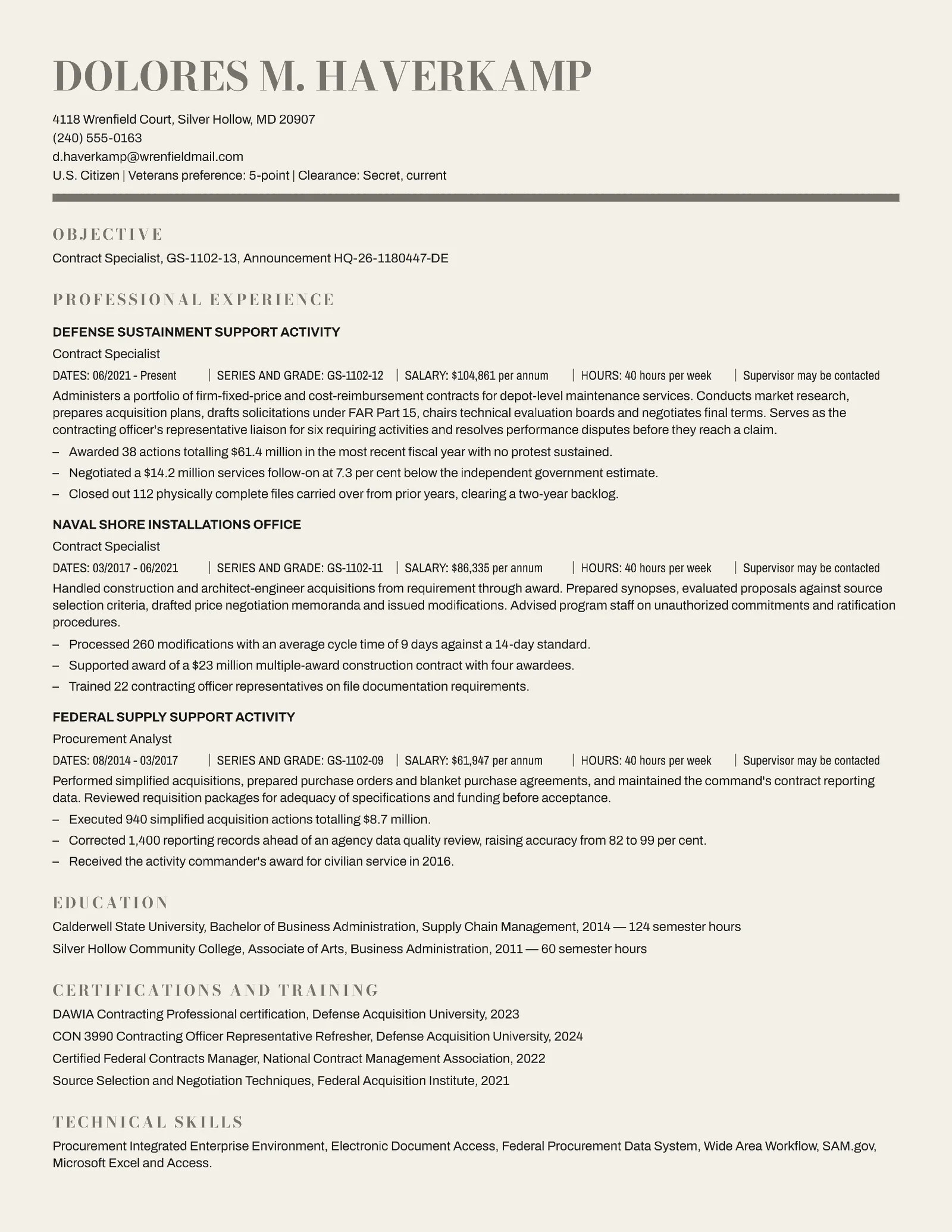 Federal Contract Specialist Resume — Letter Resume template