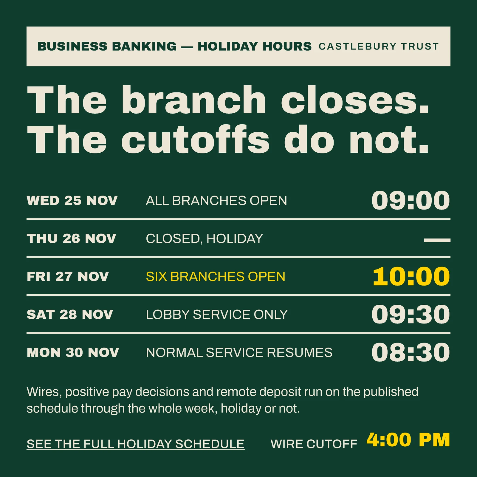Business Banking Holiday Hours Signage LinkedIn Ad — 1:1 LinkedIn ad template