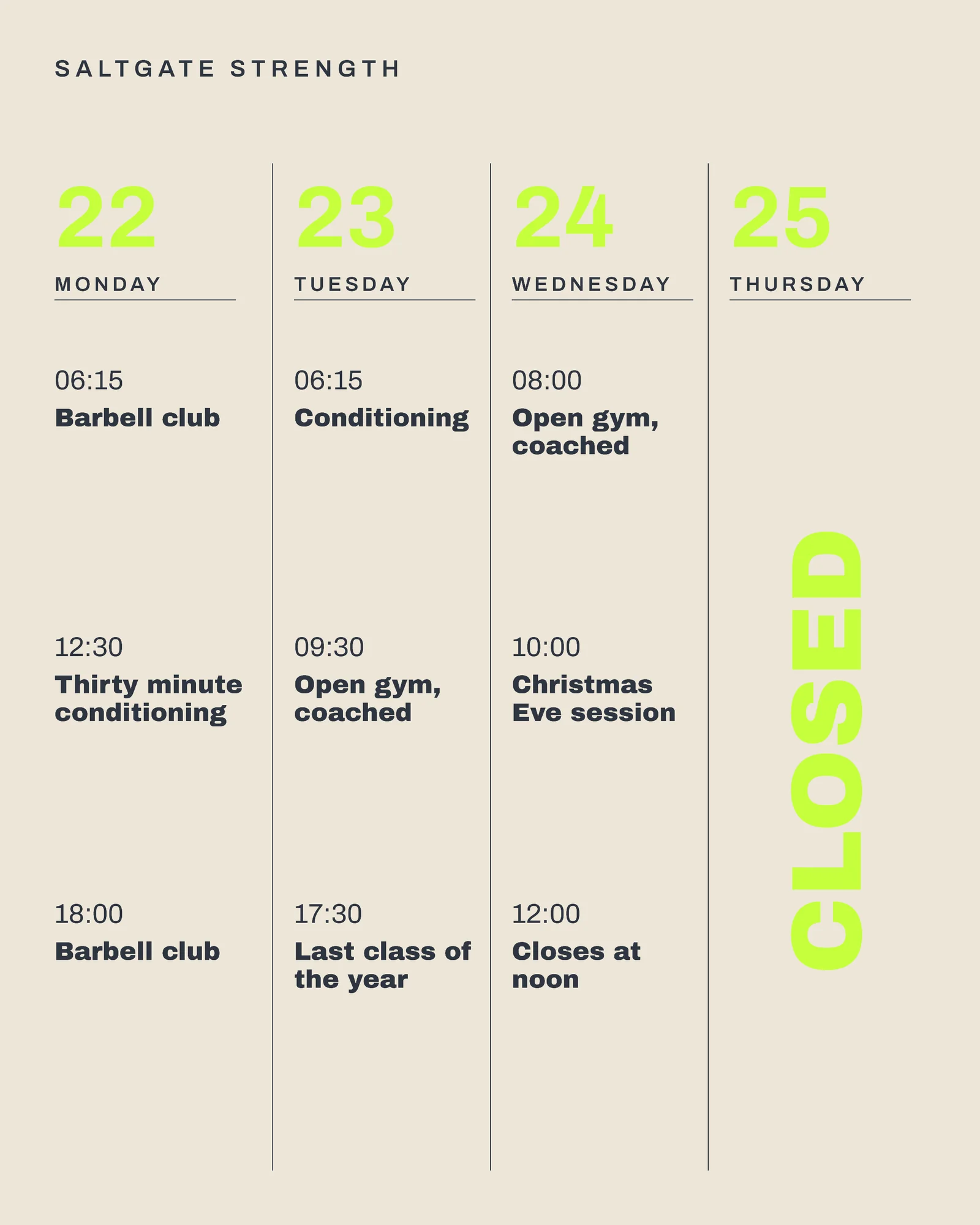 Slate Lime Timetable Gym Christmas Opening Facebook Carousel — 4-panel Facebook carousel carousel template, page 2 of 4