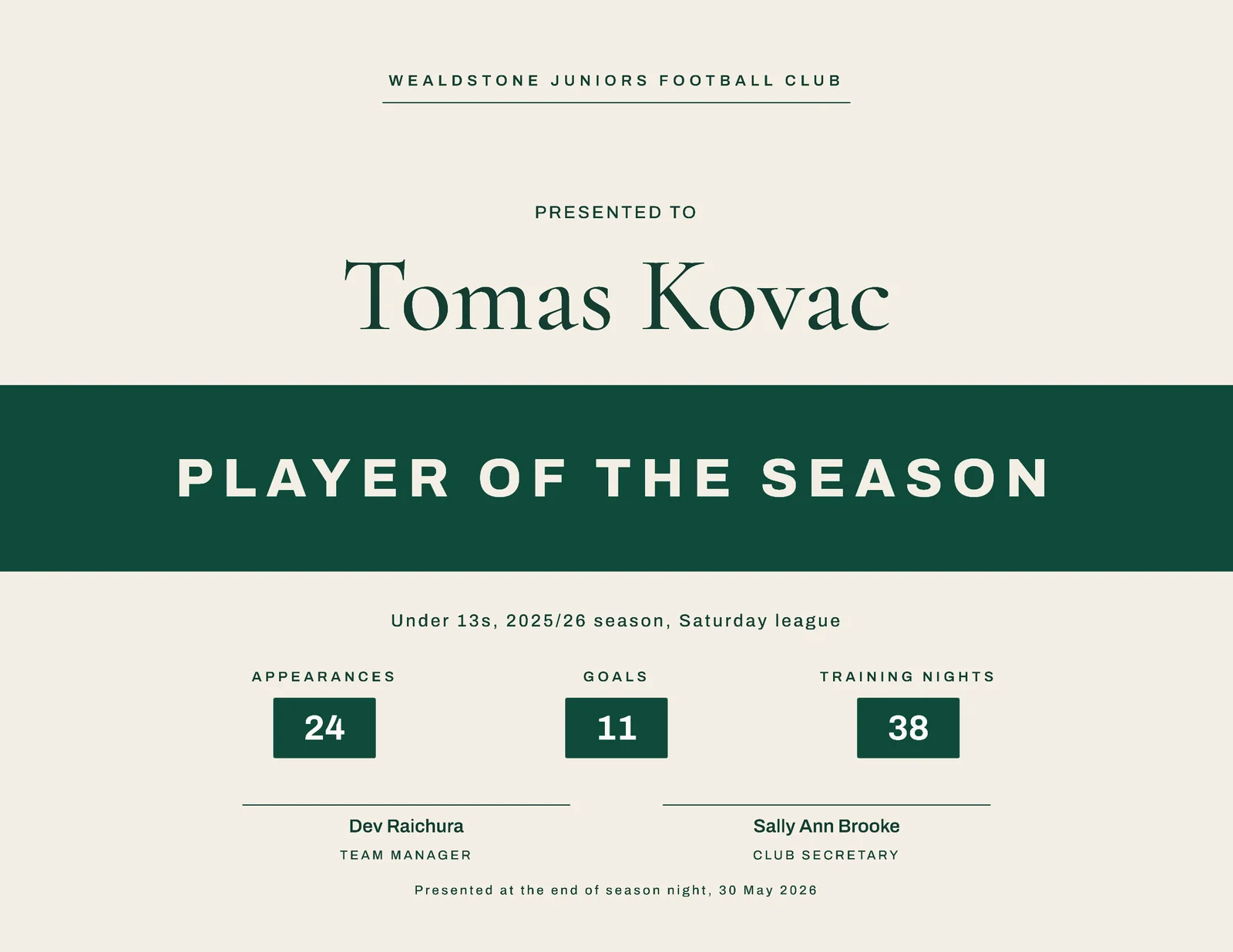 Bottle Green Season Award Certificate — Letter landscape Certificate template