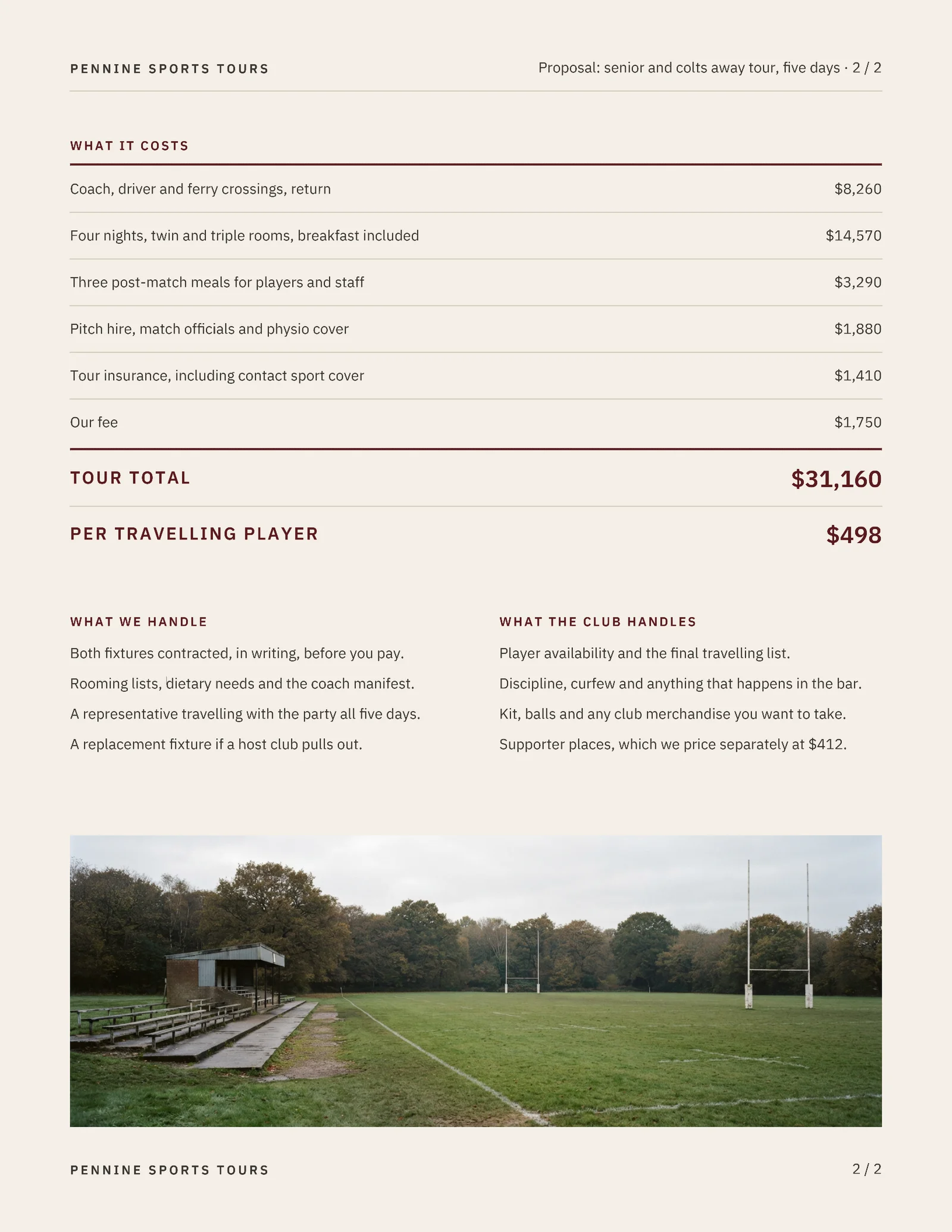 Oxblood Fixture Cost Table Rugby Tour Proposal — 2-page Proposal template, page 2 of 2