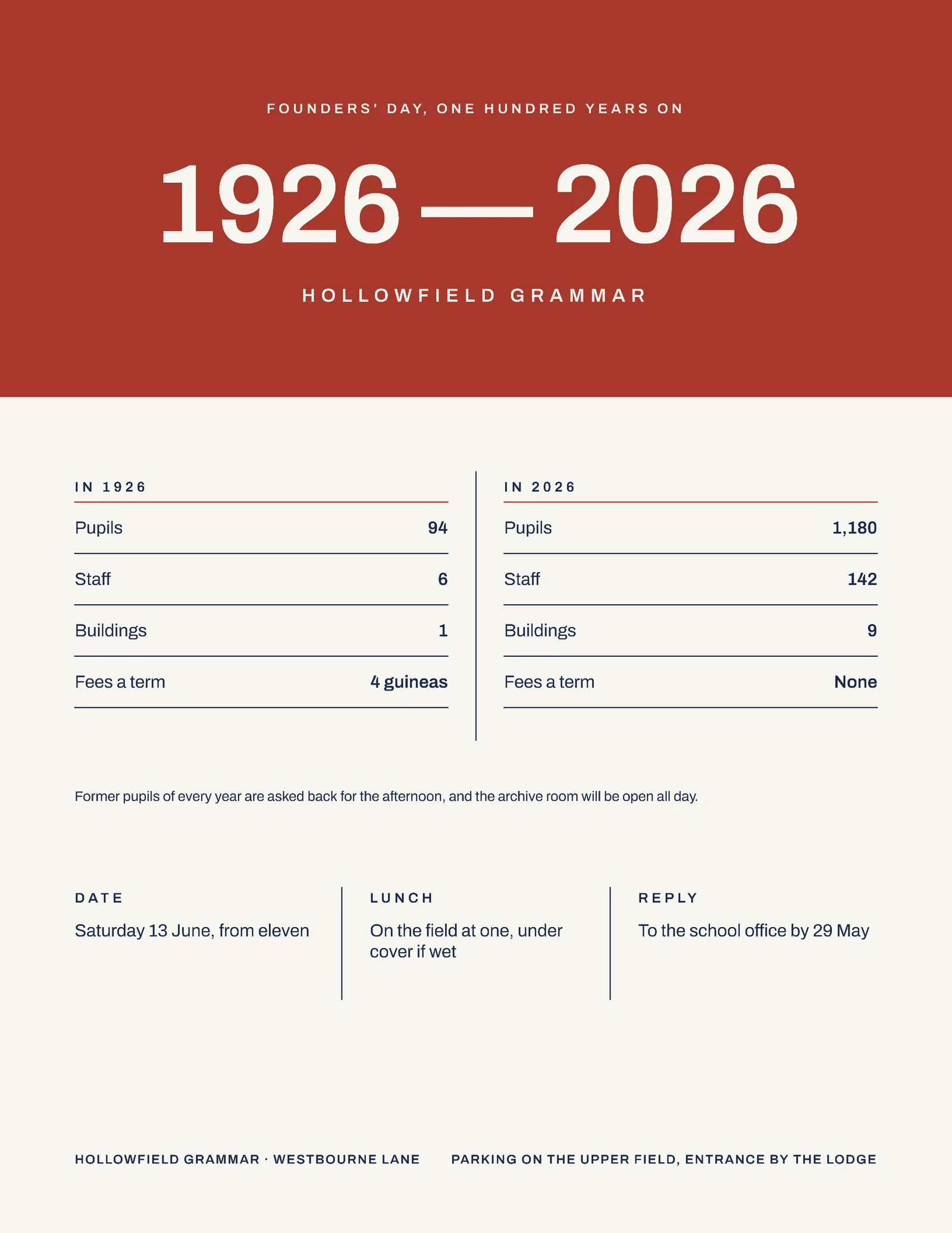 Chalk Navy Brick Then And Now School Centenary Founders Day Invitation — Letter Invitation template