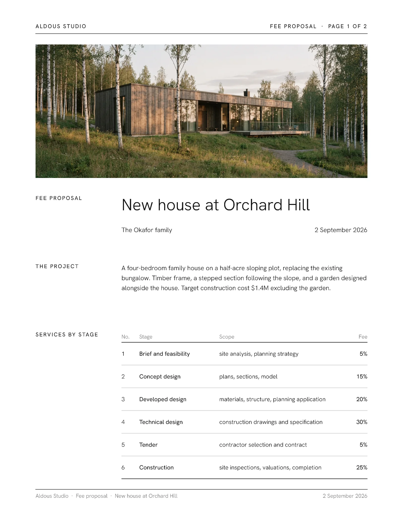 Minimal Architecture Fee Proposal — 2-page Proposal template, page 1 of 2