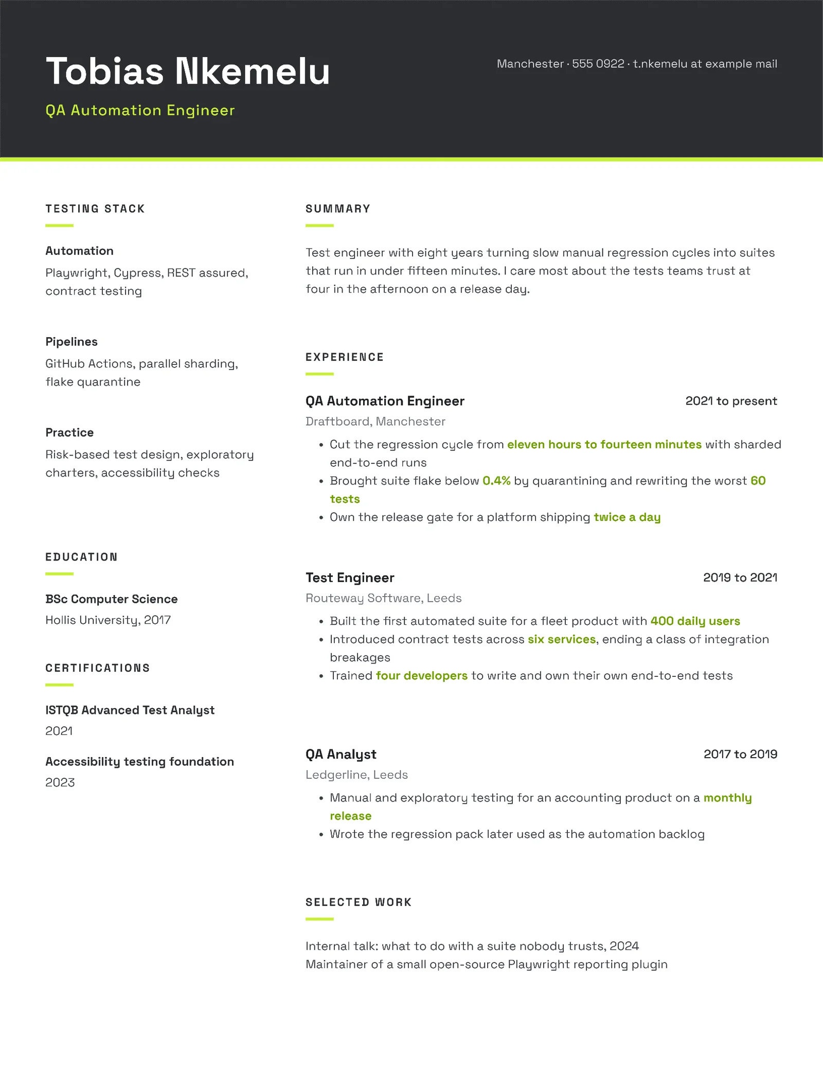Charcoal Lime Modern QA Automation Engineer Resume — Letter Resume template