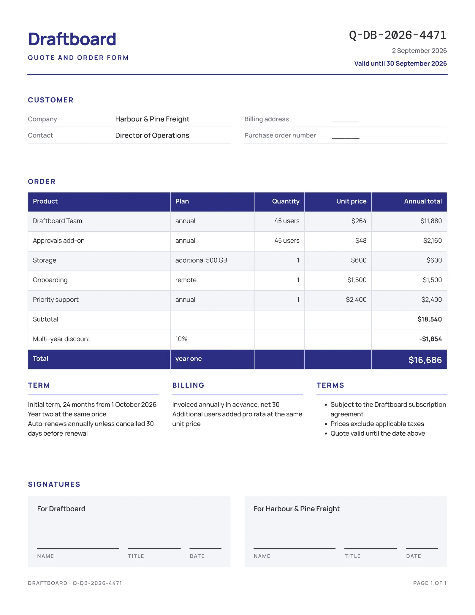 Software Subscription Order Form Quote — 2-page Quote template, page 1 of 2