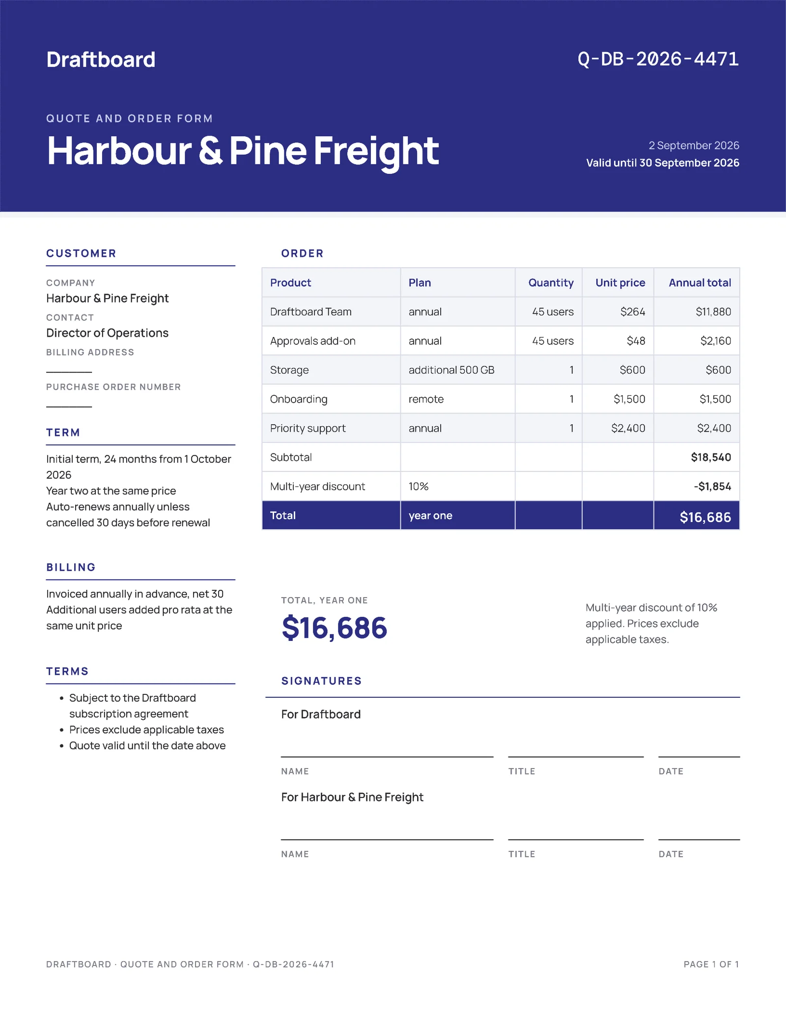 Software Subscription Order Form Quote — 2-page Quote template, page 2 of 2