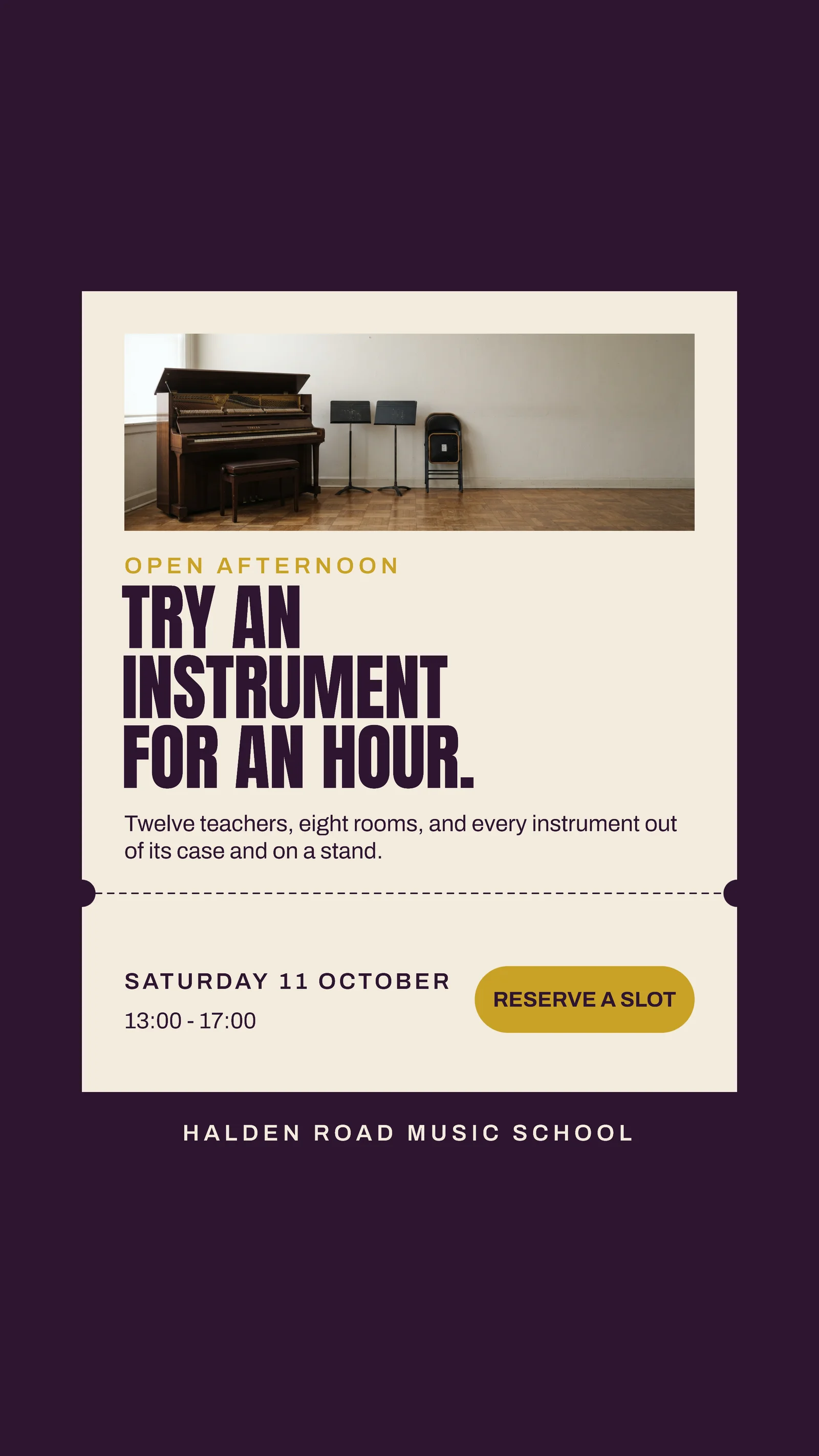 Aubergine Mustard Ticket Stub Music School Open Afternoon Instagram Story — 9:16 Instagram story template