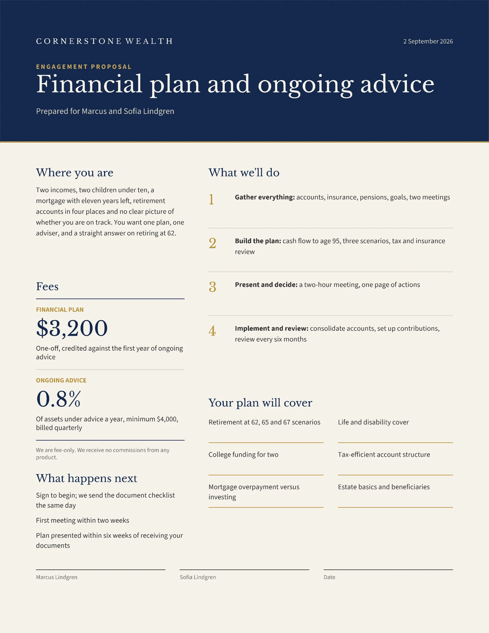 One-Page Financial Planning Engagement Proposal — 2-page Proposal template, page 2 of 2