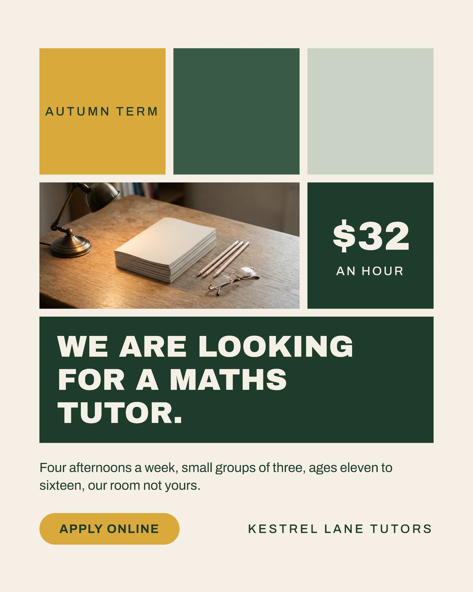 Offwhite Forest Nine Square Grid Tutoring Room Maths Tutor Hiring Facebook Ad — 4:5 Facebook ad template