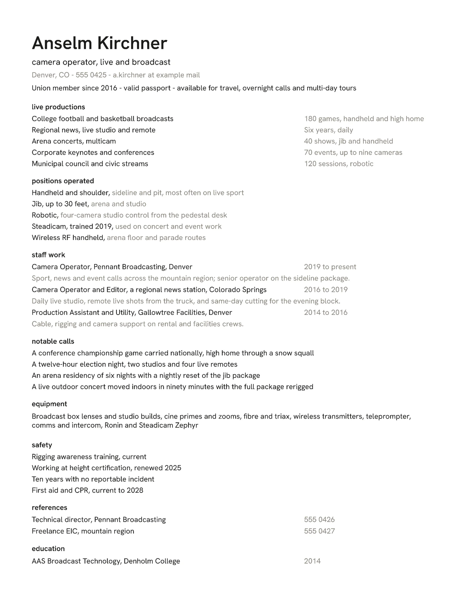 Camera Operator Resume — Letter Resume template