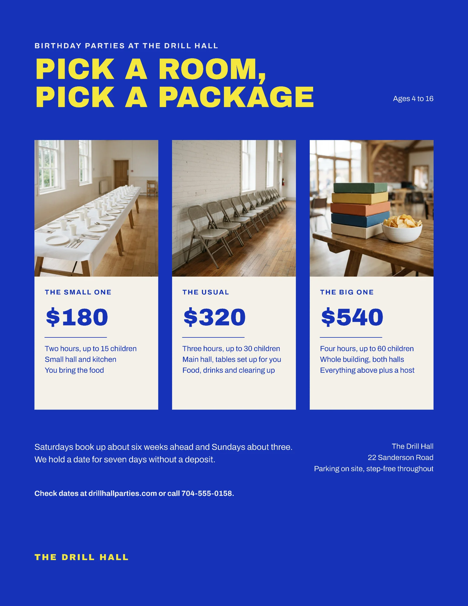 Cobalt Card Grid Party Venue Birthday Packages Flyer — Letter Flyer template
