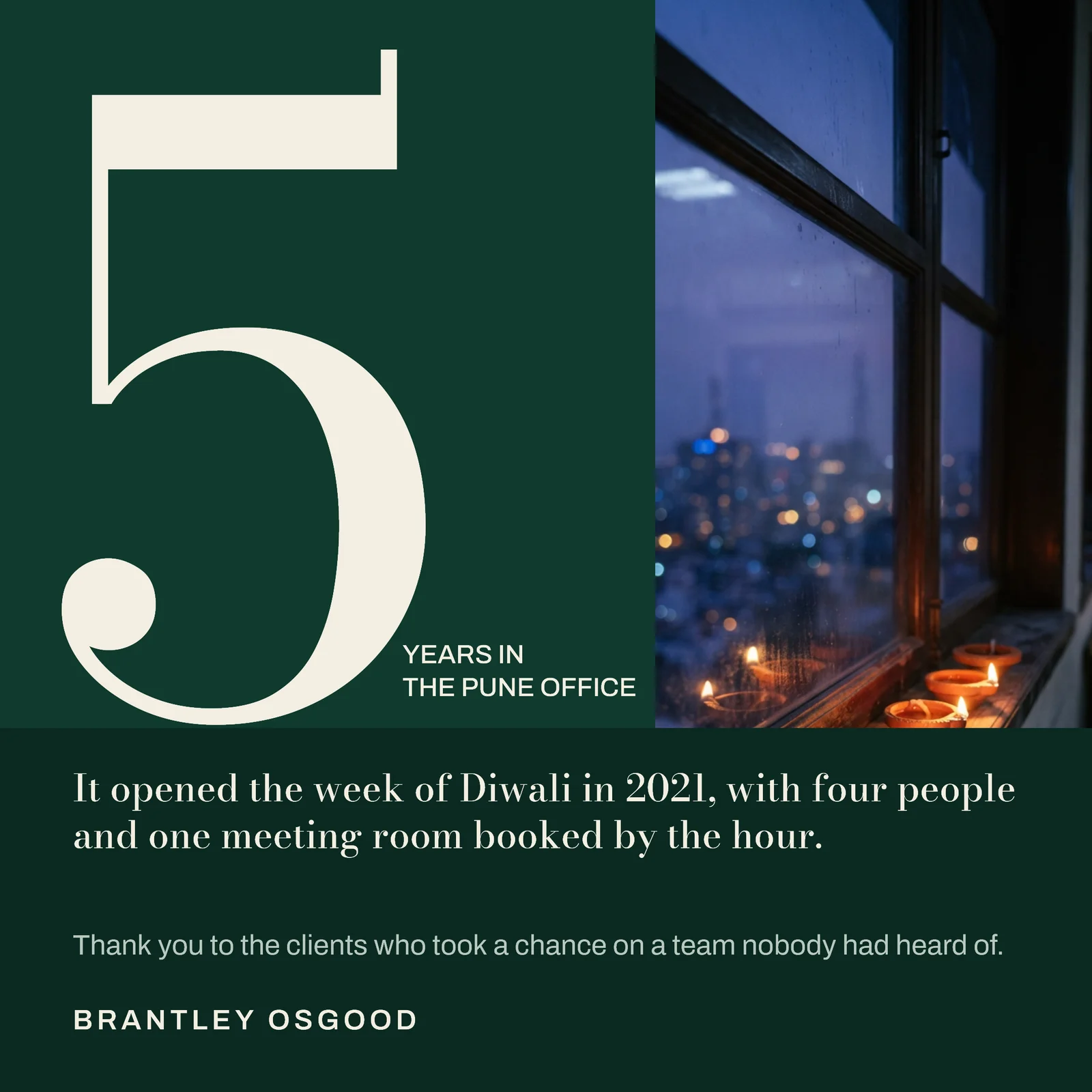 Deep Green Anniversary Numeral Consulting Diwali Milestone Post — 1:1 LinkedIn post template
