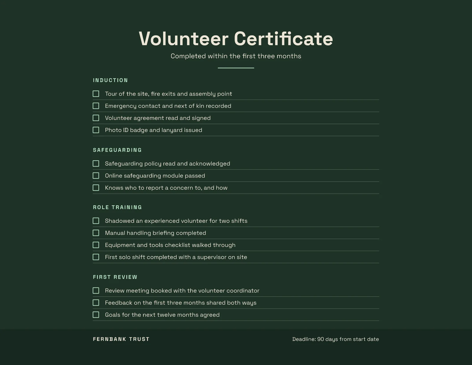 Volunteer Induction Certificate — Letter landscape Certificate template