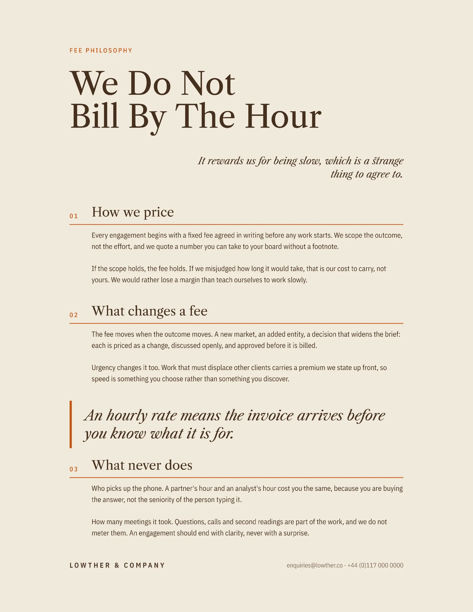 Fee Philosophy One Pager — 2-page One pager template, page 2 of 2