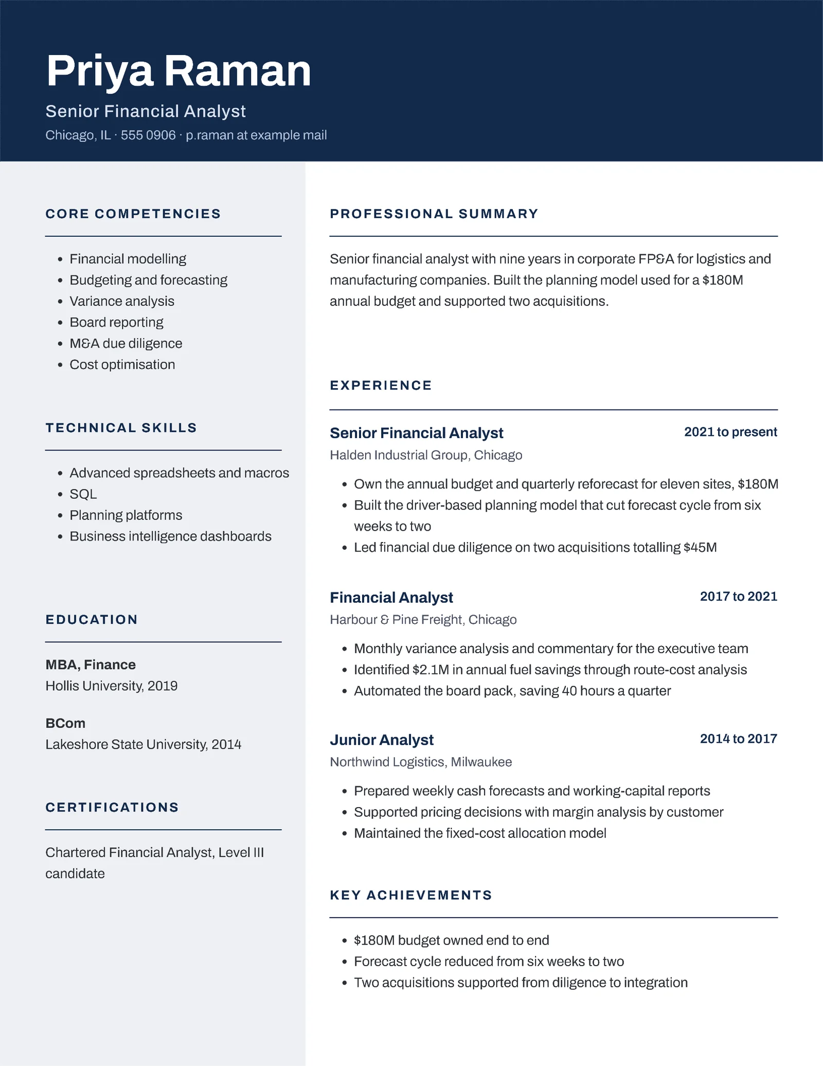 Corporate Header Financial Analyst Résumé — Letter Resume template