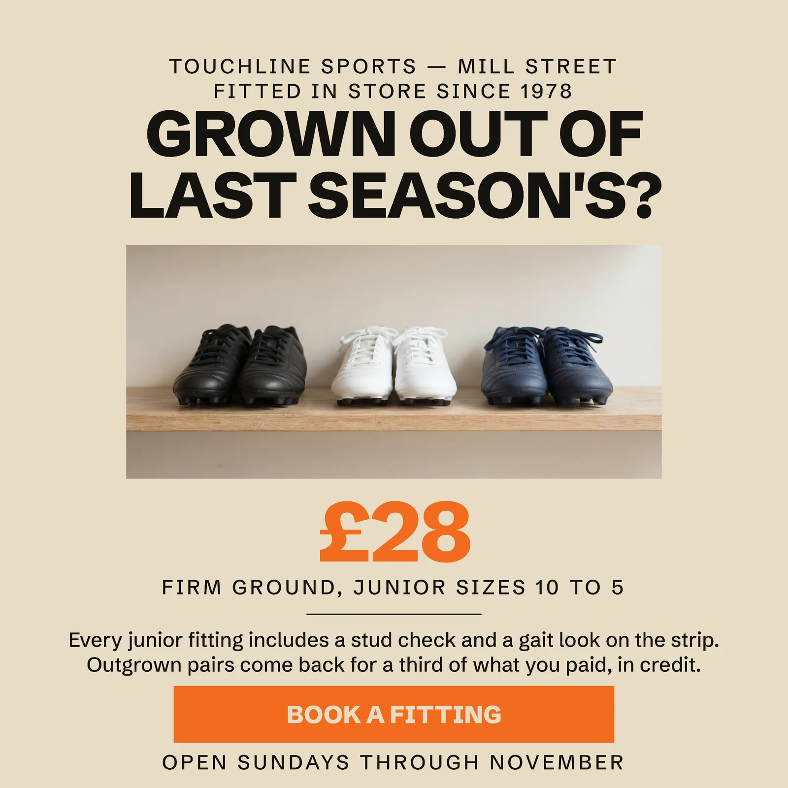 Sand Tangerine Centred Boots Sports Shop Fitting Facebook Ad — 1:1 Facebook ad template