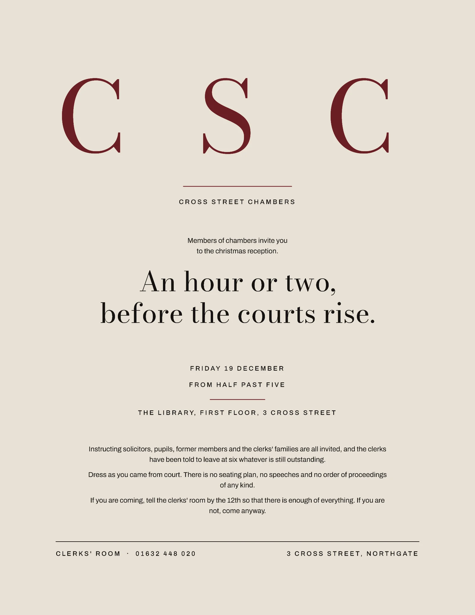 Oxblood Monogram Stack Chambers Christmas Reception Invitation — Letter Invitation template