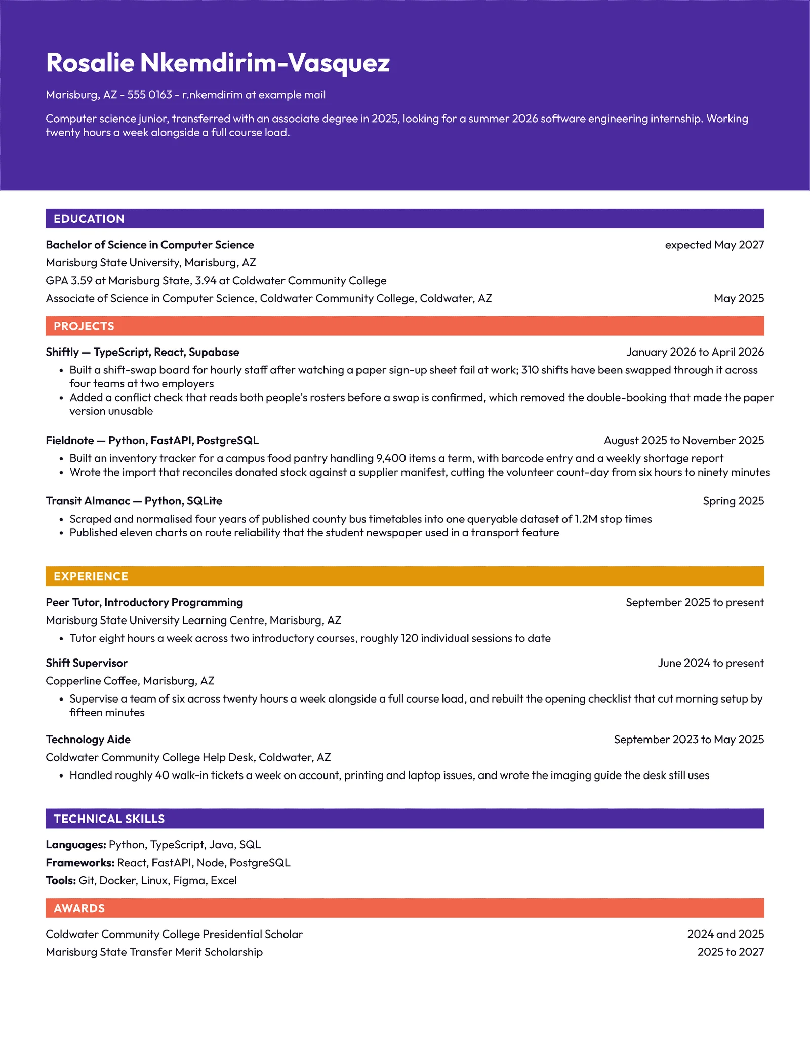 Computer Science Transfer Student Resume — Letter Resume template