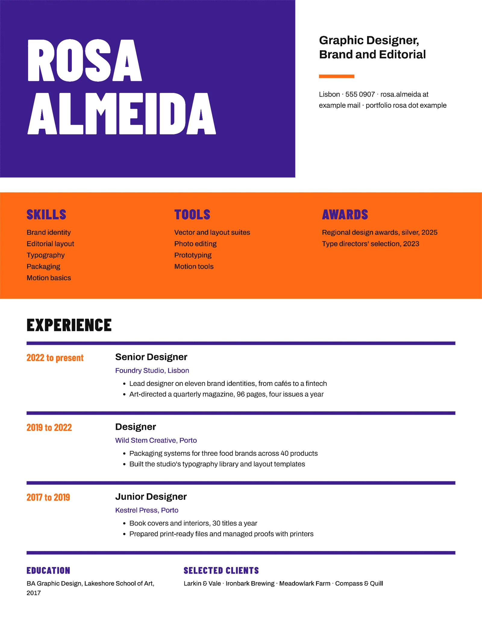 Creative Colour Blocks Graphic Designer Résumé — 2-page Resume template, page 1 of 2