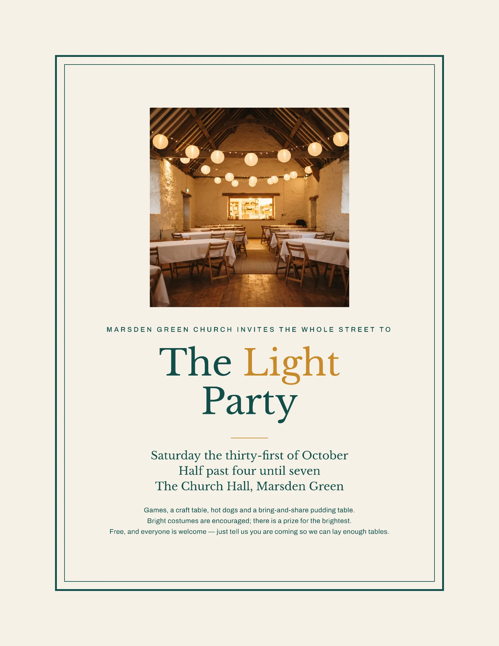 Church Hall Light Party Double Rule Halloween Invitation — Letter Invitation template