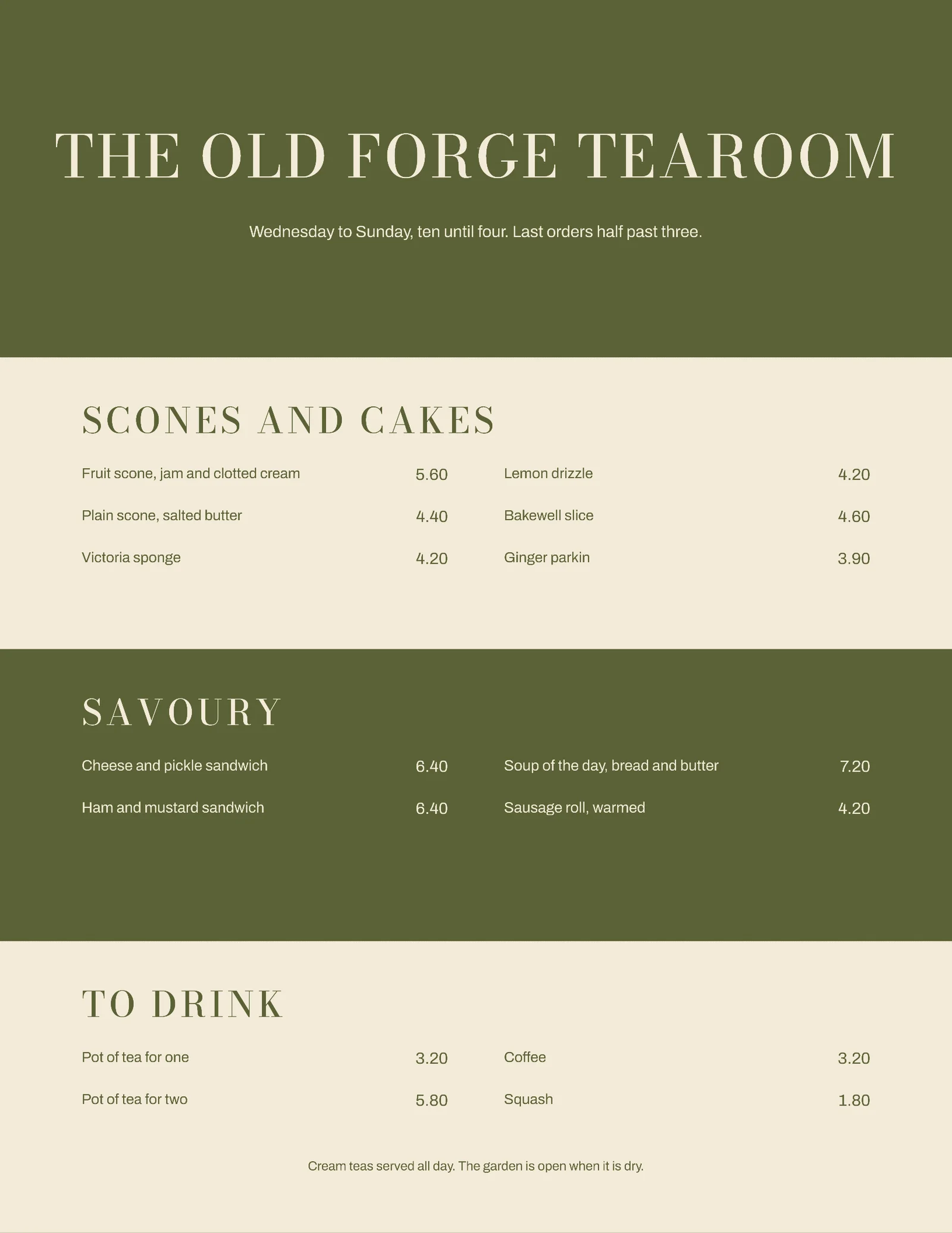 Olive Banded Sections Village Tearoom Menu — Letter Menu template