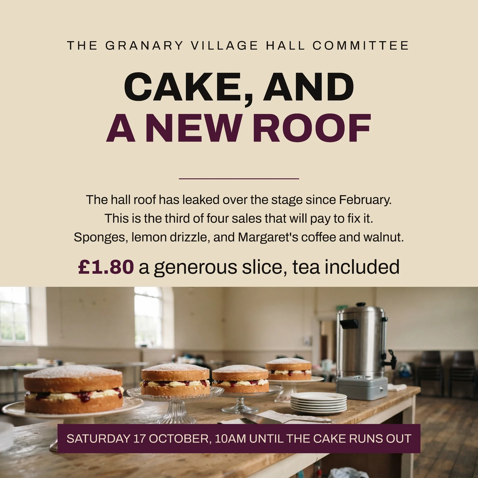 Oat Damson Centred Stack Over Crop Village Hall Roof Fund Bake Sale Facebook Ad — 1:1 Facebook ad template