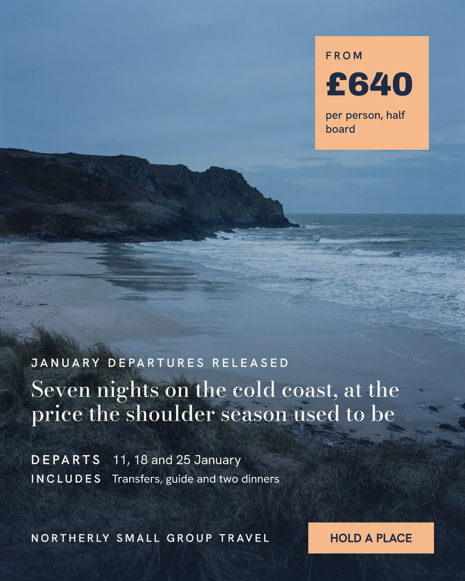Dusk Blue Apricot Corner Price Block Small Group Travel January Coast Instagram Ad — 4:5 Instagram ad template