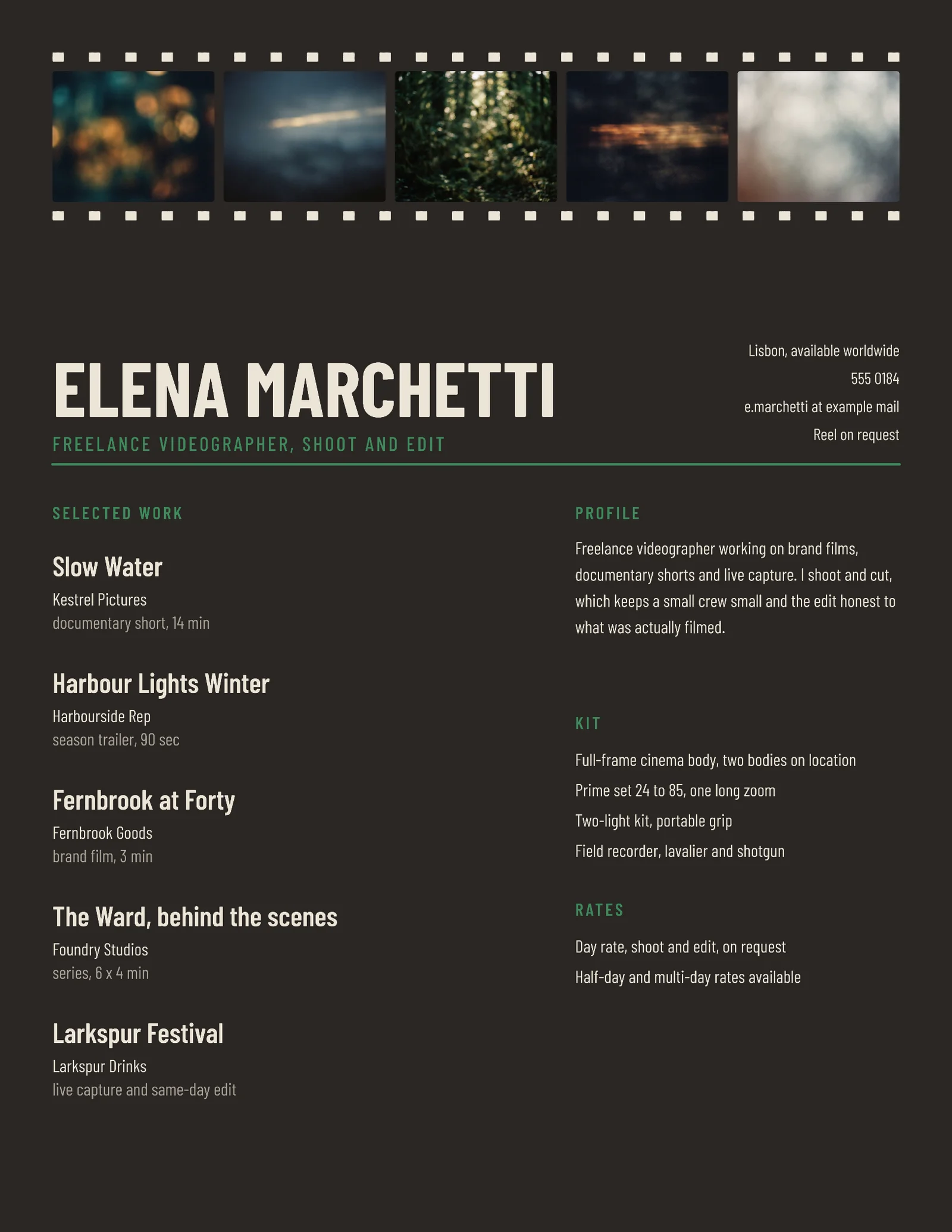 Forest Frame Reel Strip Videographer Resume — Letter Resume template