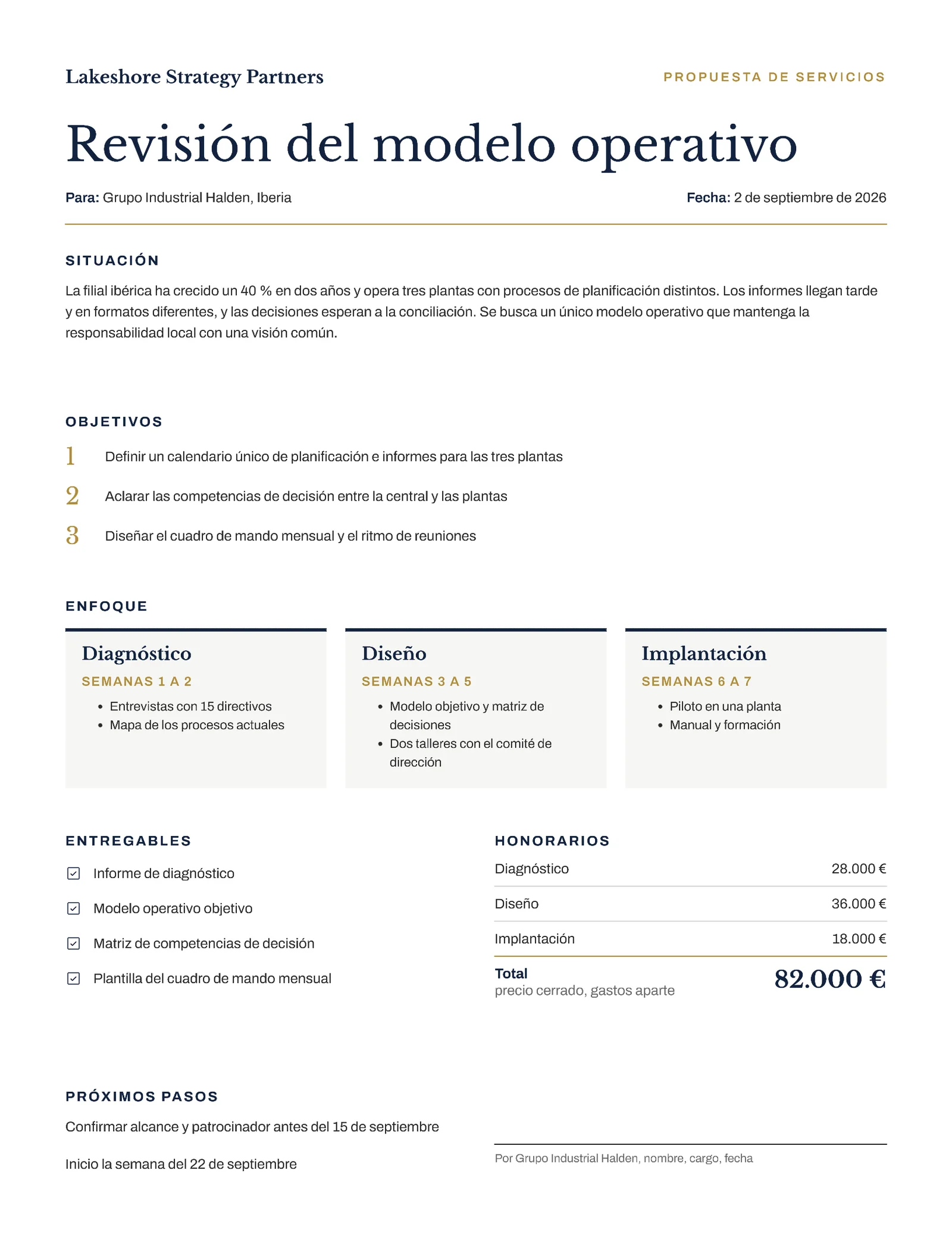 One-Page Consulting Services Proposal, Spanish — 2-page Proposal template, page 1 of 2