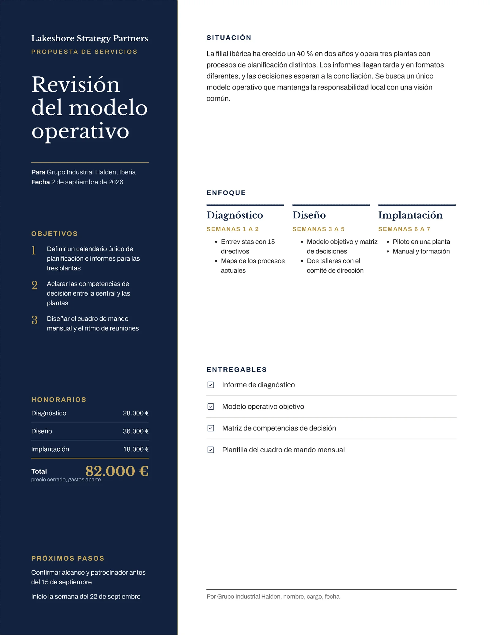 One-Page Consulting Services Proposal, Spanish — 2-page Proposal template, page 2 of 2
