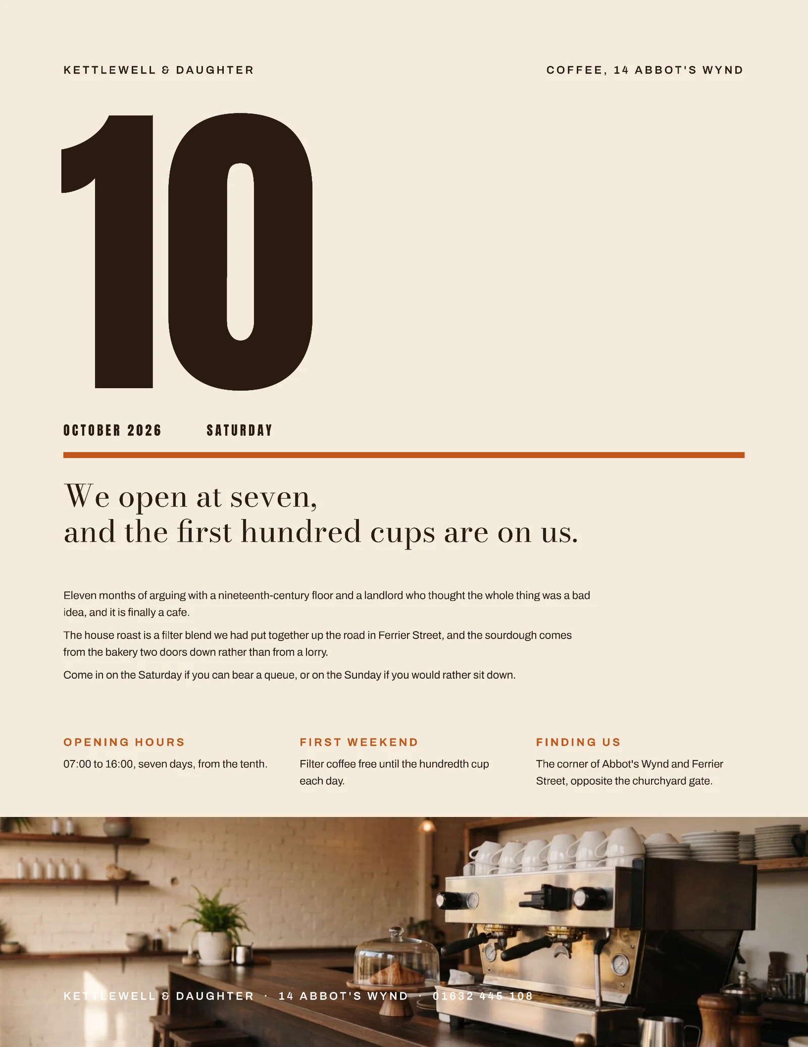 Espresso Giant Numeral Cafe Grand Opening Invitation — Letter Invitation template