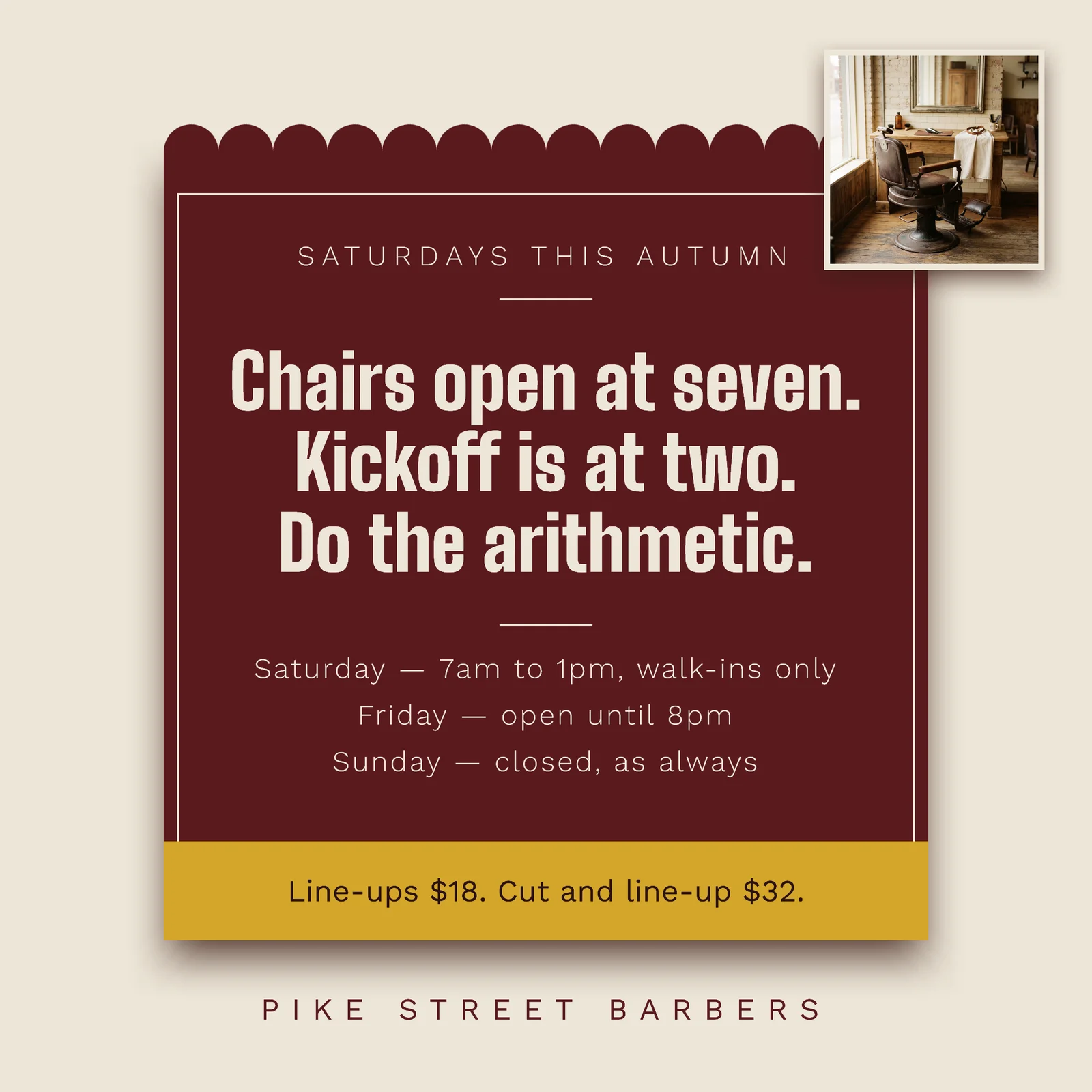 Oxblood Matchbook Game Day Barbershop Hours Facebook Ad — 1:1 Facebook ad template
