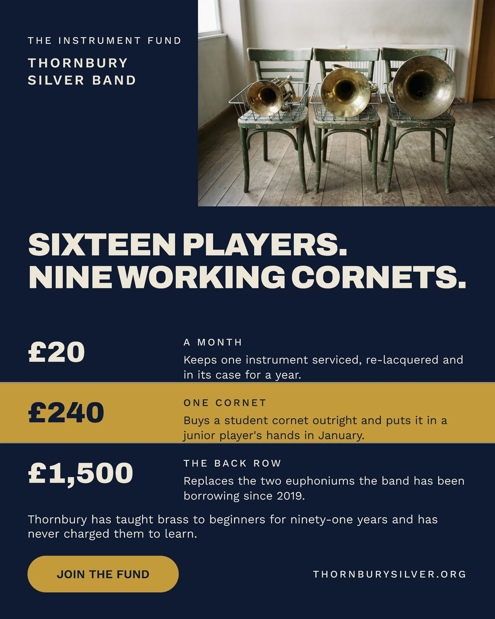 Navy Brass Tier Ladder Rows Silver Band Instrument Fund Instagram Ad — 4:5 Instagram ad template