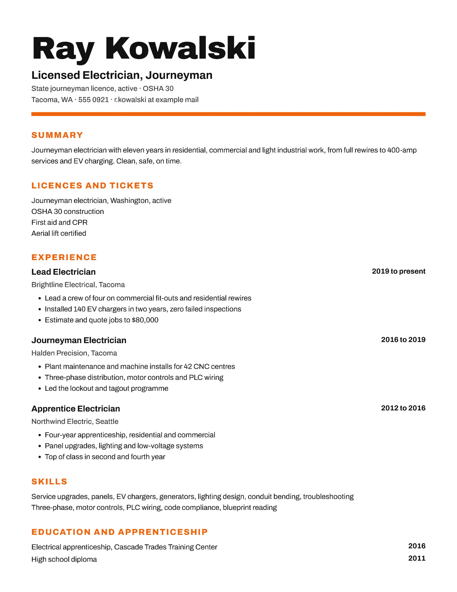 Simple Bold Licensed Electrician Résumé — Letter Resume template