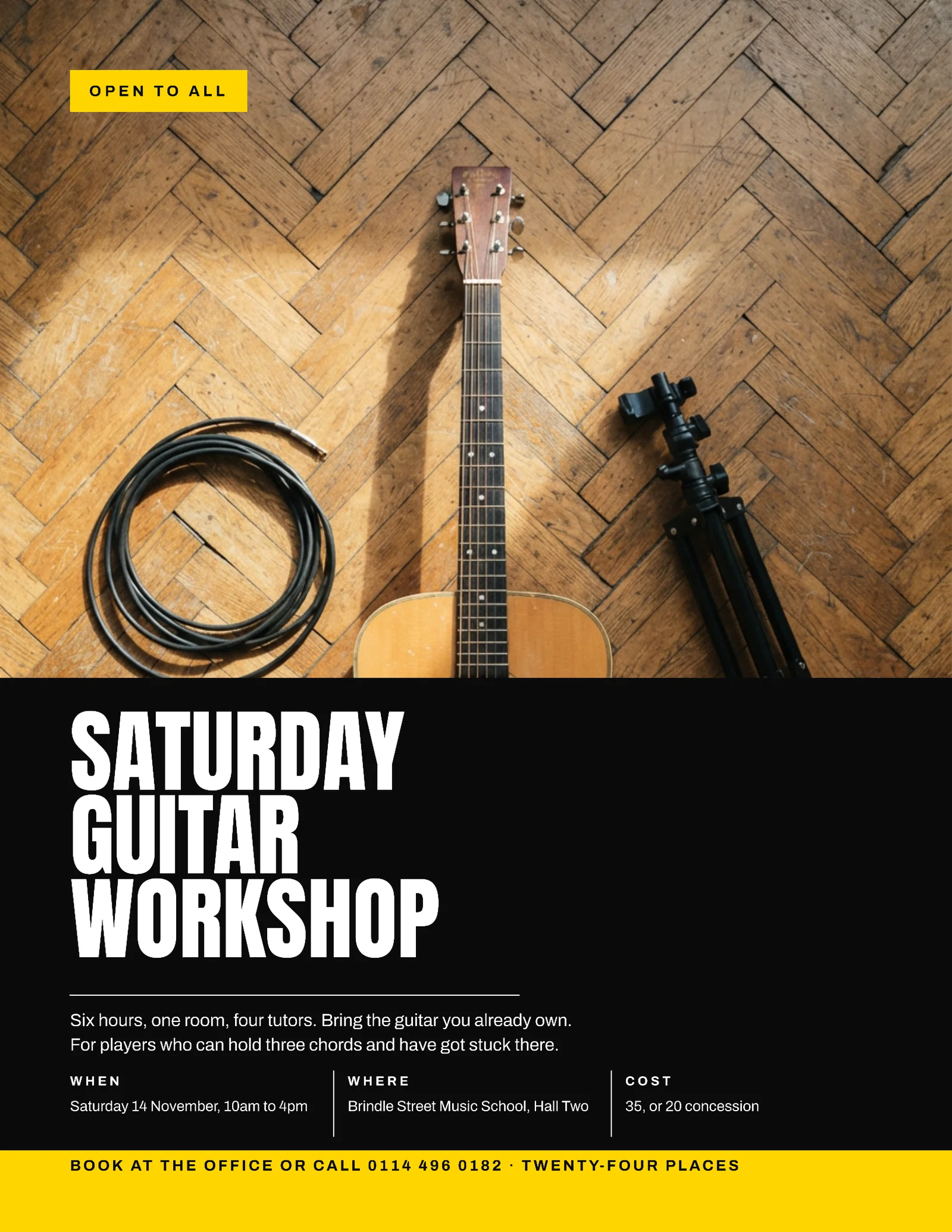 Near Black Signal Yellow Full Bleed Music School Guitar Workshop Flyer — Letter Flyer template