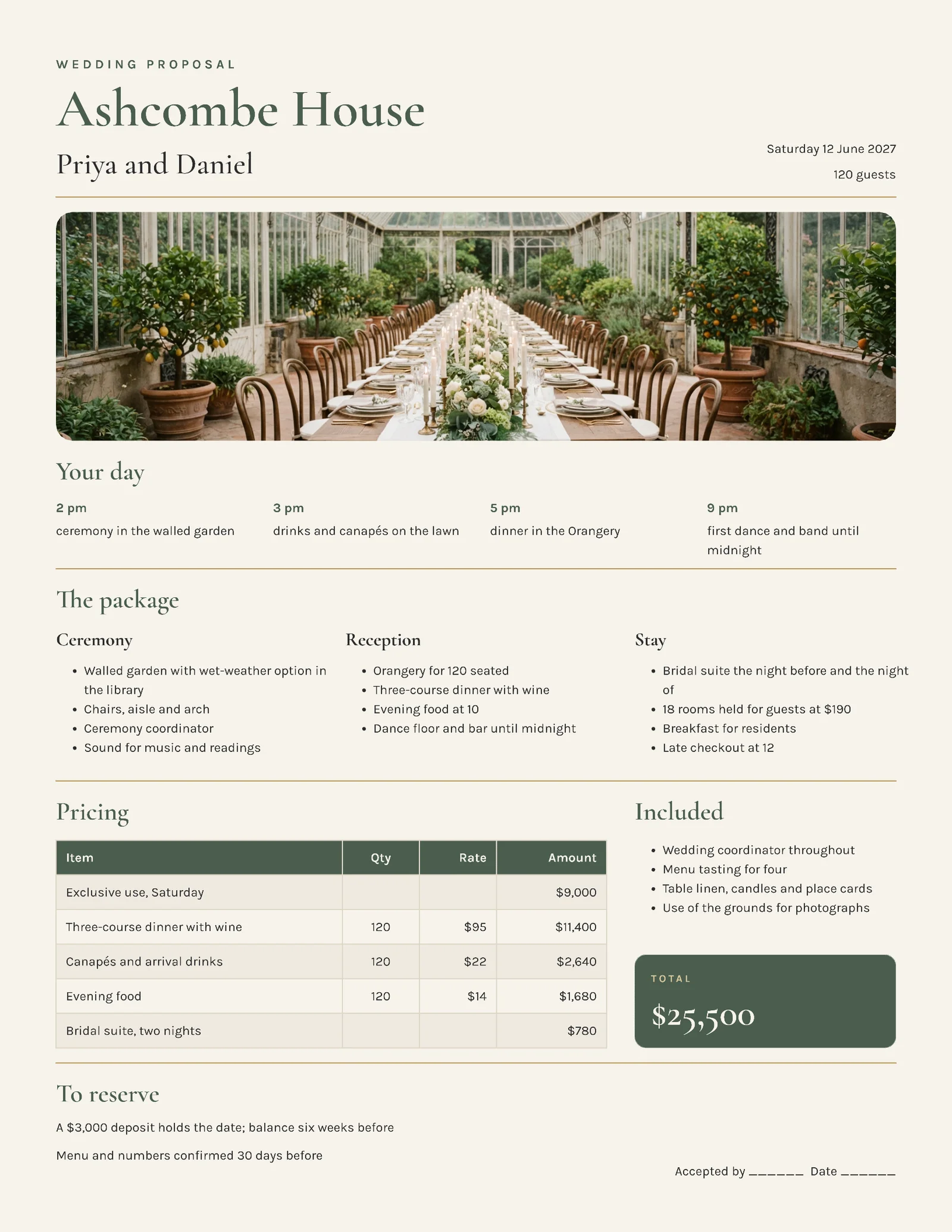 Elegant Hotel Wedding Package Proposal — 2-page Proposal template, page 1 of 2