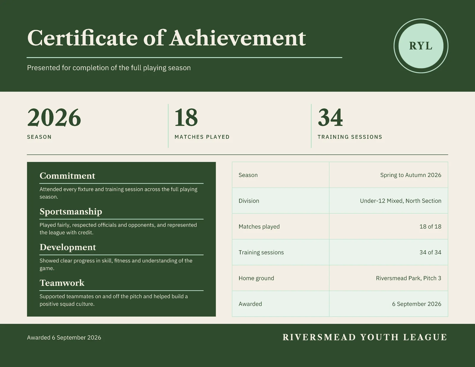Season Completion Certificate — Letter landscape Certificate template