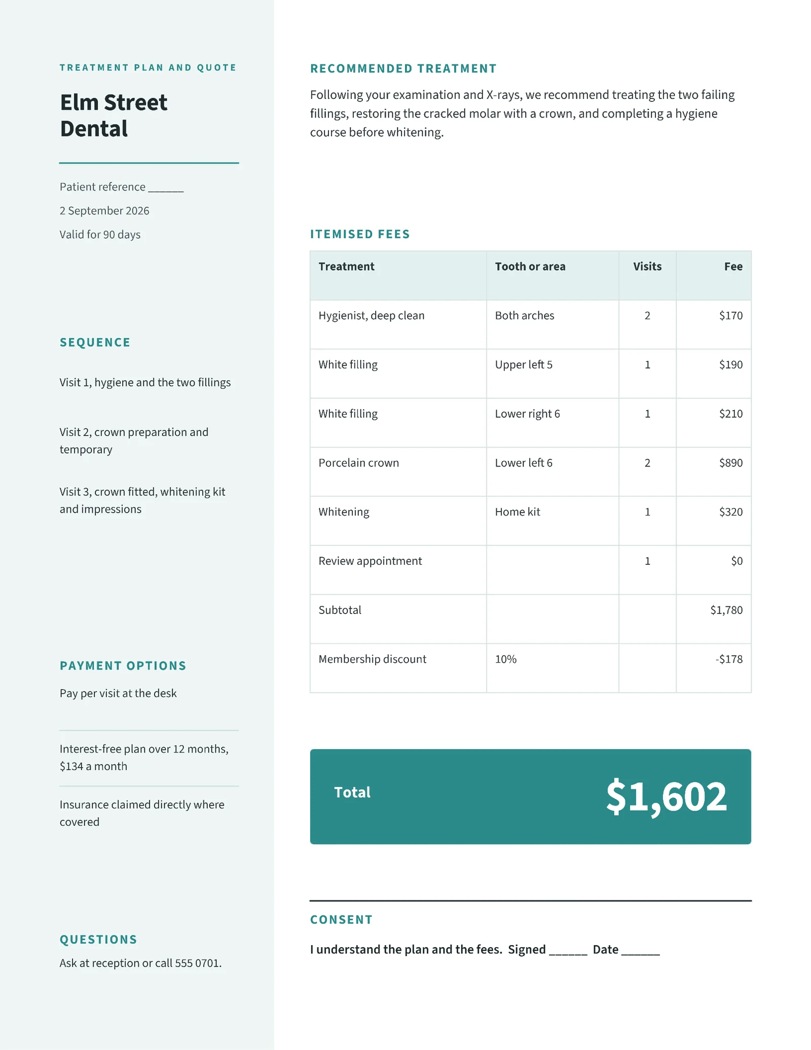 Clinical Dental Treatment Plan Quote — 2-page Quote template, page 2 of 2